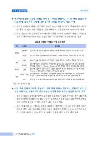주간 금융경제동향 이슈브리프
12 | 우리금융경영연구소
n 민간부문의 선진 글로벌 은행들 역시 투자기회를 선점하고 자사의 뱅킹 경쟁력 향
상을 위해 이미 관련 기업에 대한 투자와 지원을 확대하고 있는 추세
Ÿ 글로벌 은행들이 핀테크 산업에서 고수익 투자기회를 선점하고, 자사의 뱅킹 경쟁력
을 높일 수 있는 유망 기업들을 창업 단계에서 조기 발굴하여 육성하려는 목적
Ÿ 이와 같은 글로벌 은행들의 투자 행보를 감안할 때, 국내 은행들도 핀테크 기업을 경
쟁자로 간주하기보다는 동반 성장의 파트너로 인식하고 투자를 확대할 필요
글로벌 은행의 핀테크 기업 육성방안
국가 은행명 육성방안
스페인
산탄데르 2014년 7월 런던을 중심으로 핀테크 기업에 투자하는 1억달러 규모의 펀드 조성
BBVA 2013년 1월 美 실리콘밸리 중심으로 핀테크 기업에 투자하는 1억달러 규모의 펀드 조성
영국
HSBC 2014년 5월 리테일뱅킹 부문 핀테크 기업에 투자하는 2억달러 규모의 펀드 조성
Barclays
2014년 5월부터 유망 핀테크 기업에 대해 업체당 최고 5만달러까지 투자하고 창업지원
서비스를 제공해주는 ‘Barclays Accelerator’라는 핀테크 기업 육성 프로그램을 운영 중
스위스 UBS
2014년 5월부터 유망 핀테크 기업을 선정하여 투자와 창업지원서비스를 제공하는
‘Innovation Spaces’라는 Working Group을 운영 중
미국
Wells Fargo
2014년 8월부터 유망 핀테크 기업에 대해 업체당 최저 5만달러에서 최고 50만달러까지
투자하고 창업지원서비스를 제공해주는 핀테크 기업 육성 프로그램을 운영 중
Citi 2014년 한 해 동안 Citi Ventures를 통해 유망 핀테크 기업에 총 7천만달러를 투자
자료: 각사 발표자료 종합
n 다만 국내 핀테크 산업을 육성하기 위해 규제 완화는 필요하나, 금융시스템의 안
정성 저해 또는 금융사고가 발생 가능한 부문에 대한 통제는 충분히 고려할 필요
Ÿ 핀테크 기업이 유사수신 업무나 우회적인 신용 창출에 깊이 관여하는 것은 금융시스
템의 안정성을 저해할 가능성을 높일 수 있으므로 핀테크 기업의 금융시스템 안정성
저해 여부를 확인할 수 있는 명확한 기준 설정이 필요
Ÿ 또한 규제 이슈와는 별도로 핀테크 기업들의 불안정한 서비스로 인해 대형 사고가
발생할 경우, 바로 소비자와 핀테크 산업의 발전에 악영향을 미칠 수 있으므로 핀테
크 기업의 자체적인 기술 혁신 및 서비스 경쟁력 제고 노력도 매우 중요
 