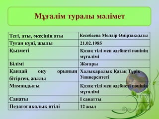 Мұғалім туралы мәлімет
Тегі, аты, әкесінің аты Кесебаева Мөлдір Өмірзаққызы
Туған күні, жылы 21.02.1985
Қызметі Қазақ тілі мен әдебиеті пәнінің
мұғалімі
Білімі Жоғары
Қандай оқу орының
бітірген, жылы
Халықаралық Қазақ Түрік
Университеті
Мамандығы Қазақ тілі мен әдебиеті пәнінің
мұғалімі
Санаты І санатты
Педагогикалық өтілі 12 жыл
 