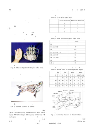 328 제어・자동화・시스템공학 논문지 제 6 권 제 4 호 2000. 4
작기 때문에 비교적 작은 형태의 로봇 손을 구현할 수 있
을 뿐만 아니라 로봇 손의 중량을 줄일 수 있고, 저속에서
높은 효율을 얻을 수 있다. 또한 자계의 영향이 존재하는
산업환경에도 응용이 가능하다.
II. 로봇 손의 구조 및 구동 메카니즘
1. 로봇 손의 구조
초음파 모터를 이용한 로봇 손은 인간의 손가락 구조를
바탕으로 설계하였고, 4 개의 손가락, 15 관절로 구성이 되
어 있으며, 그 형상은 그림 1과 같다[8]. 그리고 로봇 손가
락의 내부 구조를 보여 주기 위하여 그림 2에 엄지 손가락
을 해부하여 나타내었다.
그림 1. 개발한 로봇 손.
Fig.. 1. The developed multi- fingered robot hand.
개발한 로봇 손은 구동원을 손가락 관절에 장착한 형태
의 로봇 손으로서, 로봇 손가락의 관절구성 및 기구학적
운동개념을 로봇 손의 기준 좌표계와 함께 그림 3에 나타
내었다.
그림 2. 엄지 손가락의 내부 구조.
Fig. 2. Internal structure of thumb.
그림 3에서 각 손마디의 명칭은 다음과 같다. DIP
(Distal InterPhalangeal), PIP(Proximmal Inter Phala
ngeal), MCP(MetaCarpal Phalangeal), CMC(Carpo M
etaCarpal). 로봇 손가락에 대한 자유도는 표 1과 같고, 각
손가락 마디의 길이는 표 2에 제시하였다. 로봇 손의 1, 4,
8, 12번째 관절은 각 손가락의 첫 번째 마디로서 Y축 방향
의 운동을 위한 관절이고, 나머지 관절들은 X- Z평면에서
표 1. 로봇 손의 자유도.
Table 1. DOF of the robot hand.
항 목 Flexion- Extension Adduction- Abduction
엄지 손가락 2 1
검지 손가락 3 1
중지 손가락 3 1
약지 손가락 3 1
표 2. 로봇 손의 링크 파라미터.
Table 2. Link parameters of the robot hand.
손마디 링크 길이 (mm)
L1 7
L4, L8, L12 7
L9 62
L3, L7, L11, L15 35
L2, L5, L13 56
L6, L10, L14 41
a1 80
a2, a3 45
표 3. 각 손가락의 운동 범위 (단위: 각도).
Table 3. Motion range for each finger(unit: degree).
항 목 DIP PIP MCP CMC
F E F E F E Add Abd
엄지 - - 90 70 90 70 45 45
검지 90 70 90 70 90 70 45 45
중지 90 70 90 70 90 70 45 45
약지 90 70 90 70 90 70 45 45
그림 3. 로봇 손의 기구학적 구조.
Fig. 3. Kinematic structure of the robot hand.
운동이 가능하도록 하는 회전 관절이다. 각 손가락의 X- Z
평면에서 움직일 때의 굴곡과 신전 운동범위(flexion and
extension)와, X- Y평면에서 움직일 때의 내전과 외전 운
 