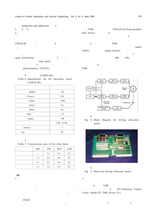 Journal of Control, Automation and Systems Engineering, Vol. 6, No. 4, April, 2000 329
동범위(adduction and abduction)는 표 3에 나타내었다. 표
3에서 F와 E는 각각 굴곡과 신전을 나타낸다.
2. 로봇 손의 구동 메카니즘
개발한 로봇 손은 각 관절 구동원으로서 초음파 모터를
사용하였다. 사용된 초음파 모터는 일본 신생공업사의
USR30- B3 모델이며, 주요 사양은 표 4에 나타내었다. 또
한, 동력 전달계의 손실을 최대한 줄이기 위하여 엄지 손
가락을 제외한 각 손가락의 끝 관절은 직접구동이 되도록
하였고, 나머지 관절은 모터와 저 감속비의 기어 메카니즘
(gear mechanism)을 사용하였다. 그림 2에서 보는 바와
같이 감속기는 평 기어(spur gear)를 사용하였고, 각 관절
의 동력 전달비는 표 5에 제시하였다. 그리고 각 관절에 위
치 센서(potentiometer, FCP12A)를 부착하였다.
표 4. 초음파 모터(USR30- B3)의 사양.
Table 4. Specification. for the ultrasonic motor
(USR30- B3).
항 목 사 양
구동 주파수(KHz) 50
구동 전압(Vrms) 110
정격 토오크(Nm) 0.05
최대 토오크(Nm) 0.1
정지 토오크(Nm) 0.1
정격 출력(W) 1.3
정격회전수(rpm) 250
회전 방향 CW, CCW
응답성(msec) 1
중량(g) 20
표 5. 로봇 손의 동력 전달비.
Table 5. Transmission ratio of the robot hand.
항 목 DIP PIP MCP CMC
엄지 손가락 - 3:1 9:1 2:1
검지 손가락 1:1 3:1 9:1 2:1
중지 손가락 1:1 3:1 9:1 2:1
약지 손가락 1:1 3:1 9:1 2:1
III. 초음파 모터 로봇 손을 위한 제어시스템 설계
1. 초음파 모터 구동기 설계
초음파 모터는 초음파 진동에너지를 이용하여 모터의
회전자와 고정자의 마찰력을 회전력으로 변환시키는 새로
운 형태의 모터로서, 크기 대 토오크 비가 크고, 가벼우며,
정지 토오크가 크다. 또한 자계의 영향을 받지 않고, 축이
없는 구조가 가능하여 산업응용 분야에 다양하게 이용되
고 있다[9][10]. 초음파 모터의 제어 방법에는 주파수 제어
방법과 위상차 제어 방법으로 분류할 수 있는데, 본 논문
에서 개발한 초음파 모터 구동기는 위상차 제어 방법을 근
거로, VME 버스를 기반으로 FPGA(Field Programmable
Gate Array)를 이용하여 4 축 구동이 가능하도록 설계하
였다. 초음파 모터 구동기의 블록도는 그림 4에 나타내었
다.
그림 4에서 초음파 모터는 VME 버스 기반 제어기에 의
해 생성된 위상차 명령에 따라 두 개의 위상 이동기(pulse
shifter)와 펄스 형성기(pulse former)에 의해 변조된 위상
차를 갖는 두 개의 정현파에 의해 구동된다. 그림 5와 같이
제작된 초음파 모터 구동기는 - 90o에서 +90o까지 조정이
가능하고 위상차에 따라 회전방향과 속도를 조절할 수 있
으며, 동시에 4개의 모터 제어가 가능하다. 이 구동기는
VME 버스를 기반으로 설계되었기 때문에 다축 제어로의
확장이 용이한 장점이 있다.
그림 4. 초음파 모터 구동기 블록도.
Fig. 4.. Block diagram for driving ultrasonic
motor.
그림 5. 초음파 모터 구동기 보드.
Fig. 5. Board for driving ultrasonic motor.
2. 초음파 모터의 특성 측정
본 논문에서 사용된 초음파 모터의 특성을 측정하기 위
하여 그림 6과 같이 VME 버스 기반 초음파 모터 제어시
스템을 구성하였다. 그림 6에서 DTT(Dynamic Torque
Tester: Model PT- 2300, Protec Co.)는 커플링을 통하여
연결된초음파 모터의 속도와 토오크를 동시에 측정할 수
있다. 이와 같은 실험을 통하여 얻은 초음파 모터의 위상
차 대 속도 특성은 그림 7에 나타내었다. 그림 7에 나타낸
 
