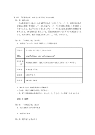 第 2 章 「冒険遊び場」の現状－都市部と里山の比較
第 1 節 調査内容
人口集中地区とされている羽曳野市にある「はびきのプレーパーク」を都市部にある
定期的に開催する事例として、また貝塚プレーパークを不定期に開催される事例とし
て取り上げる。里山ではひと山まるごとプレーパークを里山にある定期的に開催する
事例として、（不定期未定）取り上げる。実際に現地に行ってヒアリング調査を行うこ
とで、現状を知り、利点や問題点を明らかにし、比較、分析を行う。
第 2 節 「冒険遊び場」（都市部）
1. 羽曳野プレーパークの成立過程および活動の概要
団体名 * ぷちパーク/はびきのプレーパーク
URL http://habikino-play-park.blogspot.jp/
活 動 場
所 *
大阪府羽曳野市 羽曳が丘西中公園・羽曳が丘西３丁目バス亭すぐ
活動日 毎週火曜日午前
会発足 1998 年 3 月
登録日 2015/4/7 19:39
・1998 年から大阪府羽曳野市で活動開始
・その後、場所の移転や時間の変更を行う
・春、夏の長期休暇の開催以外に、ぷちパーク、夕方パークを開催するようになる
2.聞き取り調査
第 3 節 「冒険遊び場」（里山）
1. 成立過程および活動の概要
2. 聞き取り調査
第 4 節 聞き取り結果の分析
 