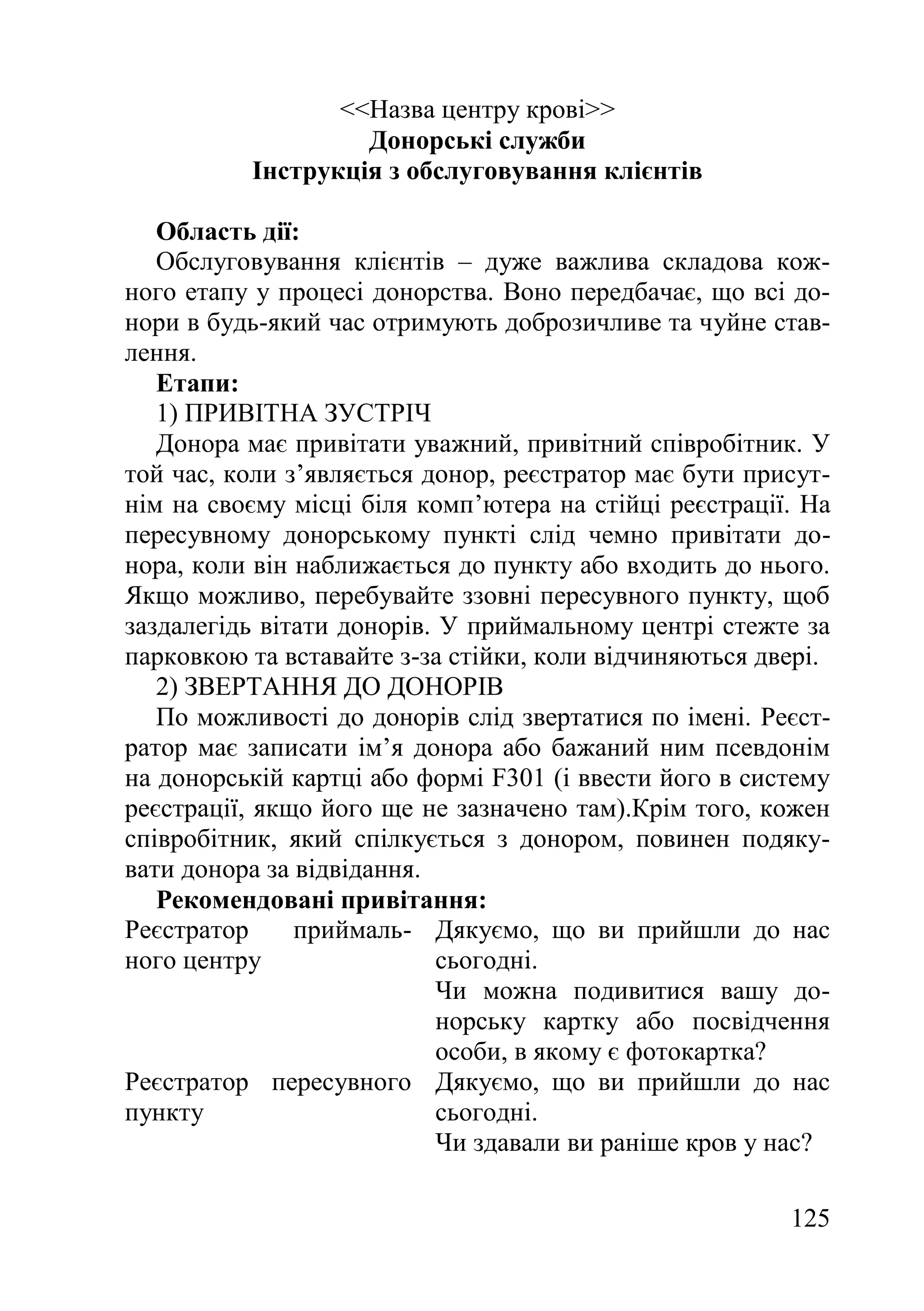 125
<<Назва центру крові>>
Донорські служби
Інструкція з обслуговування клієнтів
Область дії:
Обслуговування клієнтів – дуже важлива складова кож-
ного етапу у процесі донорства. Воно передбачає, що всі до-
нори в будь-який час отримують доброзичливе та чуйне став-
лення.
Етапи:
1) ПРИВІТНА ЗУСТРІЧ
Донора має привітати уважний, привітний співробітник. У
той час, коли з’являється донор, реєстратор має бути присут-
нім на своєму місці біля комп’ютера на стійці реєстрації. На
пересувному донорському пункті слід чемно привітати до-
нора, коли він наближається до пункту або входить до нього.
Якщо можливо, перебувайте ззовні пересувного пункту, щоб
заздалегідь вітати донорів. У приймальному центрі стежте за
парковкою та вставайте з-за стійки, коли відчиняються двері.
2) ЗВЕРТАННЯ ДО ДОНОРІВ
По можливості до донорів слід звертатися по імені. Реєст-
ратор має записати ім’я донора або бажаний ним псевдонім
на донорській картці або формі F301 (і ввести його в систему
реєстрації, якщо його ще не зазначено там).Крім того, кожен
співробітник, який спілкується з донором, повинен подяку-
вати донора за відвідання.
Рекомендовані привітання:
Реєстратор приймаль-
ного центру
Дякуємо, що ви прийшли до нас
сьогодні.
Чи можна подивитися вашу до-
норську картку або посвідчення
особи, в якому є фотокартка?
Реєстратор пересувного
пункту
Дякуємо, що ви прийшли до нас
сьогодні.
Чи здавали ви раніше кров у нас?
 