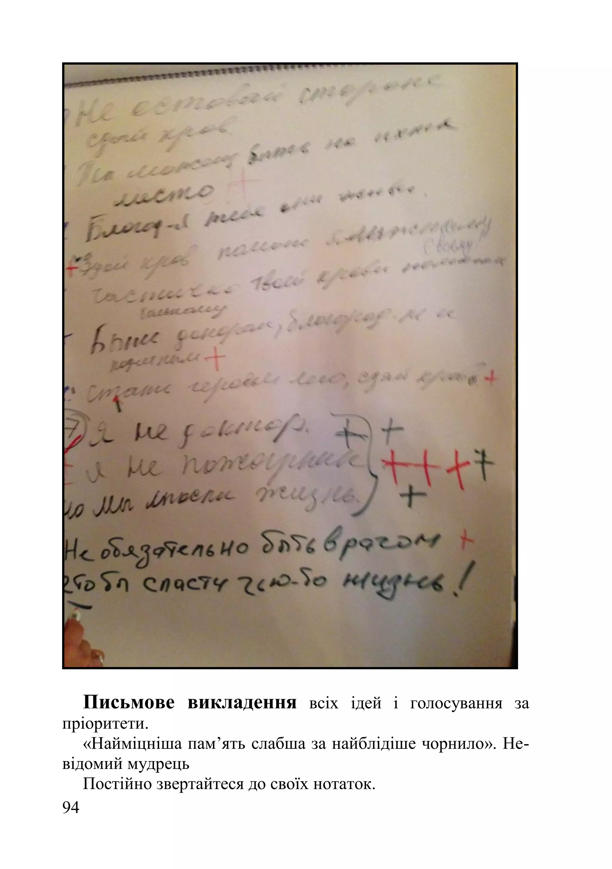 94
Письмове викладення всіх ідей і голосування за
пріоритети.
«Найміцніша пам’ять слабша за найблідіше чорнило». Не-
відомий мудрець
Постійно звертайтеся до своїх нотаток.
 