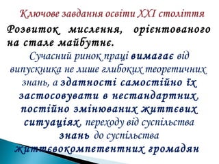 Розвиток мислення, орієнтованого
на стале майбутнє.
Сучасний ринок праці вимагає від
випускника не лише глибоких теоретичних
знань, а здатності самостійно їх
застосовувати в нестандартних,
постійно змінюваних життєвих
ситуаціях, переходу від суспільства
знань до суспільства
життєвокомпетентних громадян
 