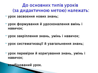  урок засвоєння нових знань;
 урок формування й удосконалення вмiнь і
навичок;
 урок закрiплення знань, умiнь і навичок;
 урок систематизації й узагальнення знань;
 урок перевірки й коригування знань, умiнь і
навичок;
 комбiнований урок.
 