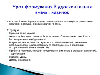 Мета: закрiплення й усвiдомлення ранiше засвоєного матерiалу (знань, умiнь,
навичок) i формування нових навичок та вмiнь.
Структура
 Органiзацiйний момент.
 Актуалiзацiя опорних знань та їх коригування. Повiдомлення теми й мети.
 Мотивацiя навчальної дiяльностi.
 Вступнi вправи (можуть поєднуватись iз поглибленням або вивченням
невеликих порцiй нового матерiалу та ознайомленням з правилами,
алгоритмами виконання певних дiй).
 Пробнi та тренувальнi вправи (використання вивченого в стандартних умовах).
 Творчi вправи.
 Пiдсумки уроку.
 Домашнє завдання.
 