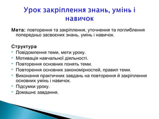 Мета: повторення та закрiплення, уточнення та поглиблення
попередньо засвоєних знань, умiнь i навичок.
Структура
 Повiдомлення теми, мети уроку.
 Мотивацiя навчальної дiяльностi.
 Повторення основних понять теми.
 Повторення основних закономiрностей, правил теми.
 Виконання практичних завдань на повторення й закрiплення
основних умiнь i навичок.
 Пiдсумки уроку.
 Домашнє завдання.
 