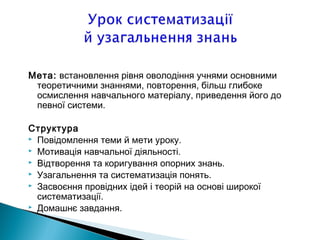 Мета: встановлення рiвня оволодiння учнями основними
теоретичними знаннями, повторення, бiльш глибоке
осмислення навчального матерiалу, приведення його до
певної системи.
Структура
 Повiдомлення теми й мети уроку.
 Мотивацiя навчальної дiяльностi.
 Відтворення та коригування опорних знань.
 Узагальнення та систематизацiя понять.
 Засвоєння провiдних iдей i теорiй на основi широкої
систематизацiї.
 Домашнє завдання.
 