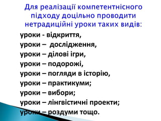 уроки - відкриття,
уроки – дослідження,
уроки – ділові ігри,
уроки – подорожі,
уроки – погляди в історію,
уроки – практикуми;
уроки – вибори;
уроки – лінгвістичні проекти;
уроки – роздуми тощо.
 