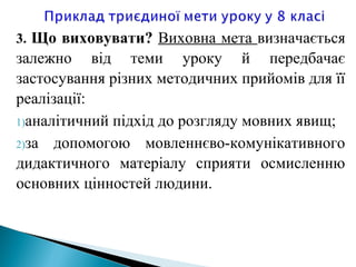 3. Що виховувати? Виховна мета визначається
залежно від теми уроку й передбачає
застосування різних методичних прийомів для її
реалізації:
1)аналітичний підхід до розгляду мовних явищ;
2)за допомогою мовленнєво-комунікативного
дидактичного матеріалу сприяти осмисленню
основних цінностей людини.
 
