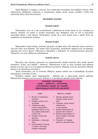 Юлия Гиппенрейтер: «Общаться с ребенком. Как?»
Наше Правило 4 говорит о том же, что и известная пословица «на ошибках учатся». Нам
приходится набираться мужества и сознательно давать детям делать ошибки, чтобы они
научились быть самостоятельными.
Домашние задания
Задание первое
Посмотрите, есть ли у вас столкновения с ребенком на почве каких-то дел, которые, по
вашему мнению, он может и должен выполнять сам. Выберите одно из них и поделайте
некоторое время с ним вместе. Посмотрите, лучше ли у него пошло дело с вами? Если да,
перейдите к следующему заданию.
Задание второе
Придумайте какое-нибудь внешнее средство, которое могло бы заменить ваше участие в
том или ином деле ребенка. Это может быть будильник, написанное правило или соглашение,
таблица или что-то другое. Обсудите и обыграйте с ребенком это вспомогательное средство.
Убедитесь, что ему удобно им пользоваться.
Задание третье
Возьмите лист бумаги, разделите его вертикальной линией пополам. Над левой частью
напишите: «Сам», над правой – «Вместе». Перечислите в них те дела, которые ваш ребенок
решает и делает сам, и те, в которых вы обычно участвуете. (Хорошо, если вы заполните таблицу
вместе и по взаимному согласию.)
Затем посмотрите, что из колонки «Вместе» можно сейчас или в ближайшем будущем
передвинуть в колонку «Сам».
Помните, каждое такое перемещение – важный шаг к взрослению вашего ребенка.
Обязательно отметьте этот его успех. В Боксе 4–3 вы найдете пример такой таблицы.
51
 