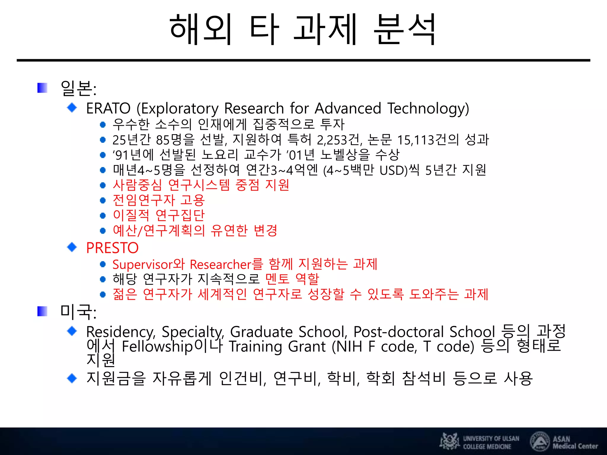 해외 타 과제 분석
일본:
ERATO (Exploratory Research for Advanced Technology)
우수한 소수의 인재에게 집중적으로 투자
25년간 85명을 선발, 지원하여 특허 2,253건, 논문 15,113건의 성과
‘91년에 선발된 노요리 교수가 ’01년 노벨상을 수상
매년4~5명을 선정하여 연간3~4억엔 (4~5백만 USD)씩 5년간 지원
사람중심 연구시스템 중점 지원
전임연구자 고용
이질적 연구집단
예산/연구계획의 유연한 변경
PRESTO
Supervisor와 Researcher를 함께 지원하는 과제
해당 연구자가 지속적으로 멘토 역할
젊은 연구자가 세계적인 연구자로 성장할 수 있도록 도와주는 과제
미국:
Residency, Specialty, Graduate School, Post-doctoral School 등의 과정
에서 Fellowship이나 Training Grant (NIH F code, T code) 등의 형태로
지원
지원금을 자유롭게 인건비, 연구비, 학비, 학회 참석비 등으로 사용
 