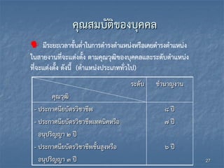 27
คุณสมบัติของบุคคล
ระดับ
คุณวุฒิ
ชานาญงาน
- ประกาศนียบัตรวิชาชีพ
- ประกาศนียบัตรวิชาชีพเทคนิคหรือ
อนุปริญญา 2 ปี
- ประกาศนียบัตรวิชาชีพชั้นสูงหรือ
อนุปริญญา ๓ ปี
8 ปี
7 ปี
6 ปี
 มีระยะเวลาขั้นต่าในการดารงตาแหน่งหรือเคยดารงตาแหน่ง
ในสายงานที่จะแต่งตั้ง ตามคุณวุฒิของบุคคลและระดับตาแหน่ง
ที่จะแต่งตั้ง ดังนี้ (ตาแหน่งประเภททั่วไป)
 
