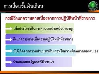 การเลื่อนขั้นเงินเดือน
กรณีถึงแก่ความตายเนื่องจากการปฏิบัติหน้าที่ราชการ
ถึงแก่ความตายเนื่องจากปฏิบัติหน้าที่ราชการ
เพื่อประโยชน์ในการคานวณบาเหน็จบานาญ
มิได้เกิดจากความประมาทเลินเล่อหรือความผิดพลาดของตนเอง
นาเสนอคณะรัฐมนตรีพิจารณา
 