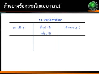 ตัวอย่างข้อความในแบบ ก.ก.1
10. ประวัติการศึกษา
สถานศึกษา ตั้งแต่ - ถึง วุฒิ (สาขาเอก)
(เดือน ปี)
 