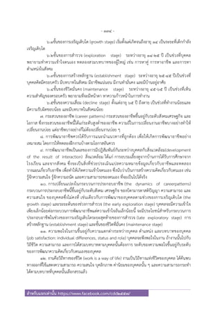 - 134 -
สําหรับแจกเท่านั้น https://www.facebook.com/cdd2557/
6.1ขั้นของการเจริญเติบโต (growth stage) เริ่มตั้งแต่เกิดจนถึงอายุ 14 เป็นระยะที่เด็กกําลัง
เจริญเติบโต
6.2ขั้นของการสํารวจ (exploration stage) ระหว่างอายุ 14-25 ปี เป็นช่วงที่บุคคล
พยายามทําความเข้าใจตนเอง ทดลองสวมบทบาทของผู้ใหญ่ เช่น การหาคู่ การหาอาชีพ และการหา
ตําแหน่งในสังคม
6.3ขั้นของการสร้างหลักฐาน (establishment stage) ระหว่างอายุ 25-45 ปีเป็นช่วงที่
บุคคลคิดมีครอบครัว มีบทบาทในสังคม มีอาชีพแน่นอน มีงานทํามั่นคง และมีบ้านอยู่อาศัย
6.4ขั้นของชีวิตมั่นคง (maintenance stage) ระหว่างอายุ 45-65 ปี เป็นช่วงที่เห็น
ความสําคัญของครอบครัว พยายามที่จะมีหน้าตา หาความก้าวหน้าในการทํางาน
6.5ขั้นของความเสื่อม (decline stage) ตั้งแต่อายุ 65 ปี ถึงตาย เป็นช่วงที่ทํางานน้อยและ
มีความรับผิดชอบน้อย และมีบทบาทในสังคมน้อย
7. กระสวนของอาชีพ (career patterns) กระสวนของอาชีพขึ้นอยู่กับระดับสังคมเศรษฐกิจ และ
โอกาส ซึ่งกระสวนของอาชีพนี้ได้แก่ระดับสูงต่ําของอาชีพ ความถี่ในการเปลี่ยนงานอาชีพบางอย่างทําให้
เปลี่ยนงานบ่อย แต่อาชีพบางอย่างก็ไม่ต้องเปลี่ยนงานบ่อย ๆ
8. การพัฒนาอาชีพควรได้รับการแนะนําแนวทางที่ถูกต้อง เพื่อให้เกิดการพัฒนาอาชีพอย่าง
เหมาะสม โดยการให้ทดลองฝึกงานบ้างตามโอกาสอันควร
9. การพัฒนาอาชีพเป็นผลของการมีปฎิสัมพันธ์กันระหว่างบุคคลกับสิ่งแวดล้อม(development
of the result of interaction) สิ่งแวดล้อม ได้แก่ การอบรมเลี้ยงดูจากบ้านการได้รับการศึกษาจาก
โรงเรียน และจากสังคม ซึ่งจะเป็นสิ่งที่ช่วยประเมินแปลความหมายข้อมูลเกี่ยวกับอาชีพและทดลอง
วางแผนเกี่ยวกับอาชีพ เพื่อทําให้เกิดความเข้าใจตนเอง ซึ่งนับว่าเป็นการสร้างความคิดเกี่ยวกับตนเอง เช่น
รู้จักความสนใจ รู้จักความถนัด และความสามารถของตนเอง ที่จะเป็นไปได้จริง
10. การเปลี่ยนแปลงในกระบวนการประกอบอาชีพ (the dynamics of careerpatterns)
กระบวนการประกอบอาชีพนี้ขึ้นอยู่กับระดับสังคม เศรษฐกิจ ของบิดามารดาสติปัญญา ความสามารถ และ
ความสนใจ ของบุคคลซึ่งไม่คงที่ เช่นเดียวกับการพัฒนาของบุคคลตามช่วงของการเจริญเติบโต (the
growth stage) และระยะต้นของช่วงการสํารวจ (the early exploration stage) บุคคลจะมีความเข้าใจ
เพียงเล็กน้อยต่อกระบวนการพัฒนาอาชีพแต่ความเข้าใจอันเล็กน้อยนี้ จะมีประโยชน์สําหรับกระบวนการ
ประกอบอาชีพในช่วงของการเจริญเติบโตระยะสุดท้ายของการสํารวจ (late exploratory stage) การ
สร้างหลักฐาน (establishment stage) และขั้นของชีวิตที่มั่นคง (maintenance stage)
11. ความพอใจในงานขึ้นอยู่กับความแตกต่างระหว่างบุคคล ตําแหน่ง และบทบาทของบุคคล
(job satisfaction: individual differences, status and role) บุคคลจะพึงพอใจในงาน ถ้างานนั้นไปกับ
วิถีชีวิต ความสามารถ และการได้สวมบทบาทตามบุคคลนั้นต้องการ ระดับของความพอใจขึ้นอยู่กับระดับ
ของการพัฒนาความคิดเกี่ยวกับตนเองของบุคคล
12. งานคือวิถีทางของชีวิต (work is a way of life) งานเป็นวิถีทางแห่งชีวิตของบุคคล ได้ค้นพบ
ทางออกที่ใช้แสดงความสามารถ ความสนใจ บุคลิกภาพ ค่านิยมของบุคคลนั้น ๆ และความสามารถกระทํา
ได้ตามบทบาทที่บุคคลนั้นเลือกสรรแล้ว
 