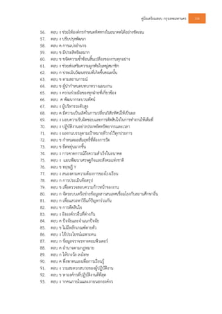 คูมือเตรียมสอบ กรุงเทพมหานคร 104
56. ตอบ ง ชวยใหองคกรกําหนดทิศทางในอนาคตไดอยางชัดเจน
57. ตอบ ง ปรับปรุงพัฒนา
58. ตอบ ค การแบงอํานาจ
59. ตอบ ข มีประสิทธิผลมาก
60. ตอบ ข ขจัดความซ้ําซอนสิ้นเปลืองของงานทุกอยาง
61. ตอบ ง ชวยสงเสริมความผูกพันในหมูสมาชิก
62. ตอบ ก ประเมินวัฒนธรรมที่เกิดขึ้นขณะนั้น
63. ตอบ ข ตามสถานการณ
64. ตอบ ข ผูนํากําหนดบทบาทวางแผนงาน
65. ตอบ ง ความรวมมือของทุกฝายที่เกี่ยวของ
66. ตอบ ค พัฒนากระบวนทัศน
67. ตอบ ง ผูบริหารระดับสูง
68. ตอบ ค มีความเปนเลิศในการเปลี่ยนวิสัยทัศนใหเปนผล
69. ตอบ ง มอบความรับผิดชอบและการตัดสินใจในการทํางานใหเต็มที่
70. ตอบ ง ปฏิบัติงานอยางประหยัดทรัพยากรและเวลา
71. ตอบ ง ผลงานบรรลุตามเปาหมายที่วางไวทุกประการ
72. ตอบ ข กําหนดผลสัมฤทธิ์ที่ตองการวัด
73. ตอบ ข ยืดหยุนมากขึ้น
74. ตอบ ง การคาดการณถึงความสําเร็จในอนาคต
75. ตอบ ง แผนพัฒนาเศรษฐกิจและสังคมแหงชาติ
76. ตอบ ข ทฤษฎี Y
77. ตอบ ง สนองตามความตองการของโรงเรียน
78. ตอบ ก การประเมินขอสรุป
79. ตอบ ข เพื่อตรวจสอบความกาวหนาของงาน
80. ตอบ ก จัดระบบเครือขายขอมูลสารสนเทศเชื่อมโยงกับสถานศึกษาอื่น
81. ตอบ ก เพื่อแสวงหาวิธีแกปญหารวมกัน
82. ตอบ ข การตัดสินใจ
83. ตอบ ง อิงองคกรอื่นที่ตางกัน
84. ตอบ ค ปจจัยและจําแนกปจจัย
85. ตอบ ข ไมมีหลักเกณฑตายตัว
86. ตอบ ง ใชประโยชนเฉพาะคน
87. ตอบ ก ขอมูลจราจรทางคอมพิวเตอร
88. ตอบ ค อํานาจตามกฎหมาย
89. ตอบ ก ใหรางวัล ลงโทษ
90. ตอบ ค พึ่งพาตนเองเพื่อการเรียนรู
91. ตอบ ง วามสะดวกสบายของผูปฏิบัติงาน
92. ตอบ ข หาองคกรที่ปฏิบัติงานดีที่สุด
93. ตอบ ง ากคนภายในและภายนอกองคกร
 