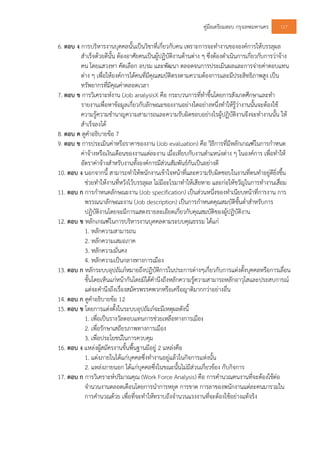คูมือเตรียมสอบ กรุงเทพมหานคร 117
6. ตอบ ง การบริหารงานบุคคลนั้นเปนวิชาที่เกี่ยวกับคน เพราะการจะทํางานขององคการใหบรรลุผล
สําเร็จดวยดีนั้น ตองอาศัยคนเปนผูปฏิบัติงานดานตาง ๆ ซึ่งตองดําเนินการเกี่ยวกับการวาจาง
คน โดยแสวงหา คัดเลือก อบรม และพัฒนา ตลอดจนการประเมินผลและการจายคาตอบแทน
ตาง ๆ เพื่อใหองคการไดคนที่มีคุณสมบัติตรงตามความตองการและมีประสิทธิภาพสูง เปน
ทรัพยากรที่มีคุณคาตลอดเวลา
7. ตอบ ข การวิเคราะหงาน (Job analysisX คือ กระบวนการที่ทําขึ้นโดยการสังเกตศึกษาและทํา
รายงานเพื่อหาขอมูลเกี่ยวกับลักษณะของงานอยางใดอยางหนึ่งทําใหรูวางานนั้นจะตองใช
ความรูความชํานาญความสามารถและความรับผิดชอบอยางไรผูปฏิบัติงานจึงจะทํางานนั้น ให
สําเร็จลงได
8. ตอบ ค ดูคําอธิบายขอ 7
9. ตอบ ข การประเมินคาหรือราคาของงาน (Job evaluation) คือ วิธีการที่มีหลักเกณฑในการกําหนด
คาจางหรือเงินเดือนของงานแตละงาน เมื่อเทียบกับงานตําแหนงตาง ๆ ในองคการ เพื่อทําให
อัตราคาจางสําหรับงานทั้งองคการมีสวนสัมพันธกันเปนอยางดี
10. ตอบ ง นอกจากนี้ สามารถทําใหพนักงานเขาใจหนาที่และความรับผิดชอบในงานที่ตนทําอยูดียิ่งขึ้น
ชวยทําใหงานที่หวังไวบรรลุผล ไมมีอะไรมาทําใหเสียหาย และกอใหขวัญในการทํางานเสื่อม
11. ตอบ ก การกําหนดลักษณะงาน (Job specification) เปนสวนหนึ่งของทําเนียบหนาที่การงาน การ
พรรณนาลักษณะงาน (Job description) เปนการกําหนดคุณสมบัติขั้นต่ําสําหรับการ
ปฏิบัติงานโดยจะมีการแสดงรายละเอียดเกี่ยวกับคุณสมบัติของผูปฏิบัติงาน
12. ตอบ ข หลักเกณฑในการบริหารงานบุคคลตามระบบคุณธรรม ไดแก
1. หลักความสามารถน
2. หลักความเสมอภาค
3. หลักความมั่นคง
4. หลักความเปนกลางทางการเมือง
13. ตอบ ก หลักระบบอุปถัมภหมายถึงปฏิบัติการในประการตางๆเกี่ยวกับการแตงตั้งบุคคลหรือการเลื่อน
ขั้นโดยเห็นแกหนากันโดยมิไดคํานึงถึงหลักความรูความสามารถหลักอาวุโสและประสบการณ
แตจะคํานึงถึงเรื่องสมัครพรรคพวกหรือเครือญาติมากกวาอยางอื่น
14. ตอบ ก ดูคําอธิบายขอ 12
15. ตอบ ข โดยการแตงตั้งในระบบอุปถัมภจะมีเหตุผลดังนี้
1. เพื่อเปนรางวัลตอบแทนการชวยเหลือทางการเมือง
2. เพื่อรักษาเสถียรภาพทางการเมือง
3. เพื่อประโยชนในการควบคุม
16. ตอบ ง แหลงผูสมัครงานขั้นพื้นฐานมีอยู 2 แหลงคือ
1. แตงภายในไดแกบุคคลซึ่งทํางานอยูแลวในกิจการแหงนั้น
2. แหลงภายนอก ไดแกบุคคลซึ่งในขณะนั้นไมมีสวนเกี่ยวของ กับกิจการ
17. ตอบ ก การวิเคราะหปริมาณคุณ (Work Force Analysis) คือ การคํานวณคนงานที่จะตองใชตอ
จํานวนงานตลอดเดือนโดยการนําการหยุด การขาด การลาของพนักงานแตละคนมารวมใน
การคํานวณดวย เพื่อที่จะทําใหทราบถึงจํานวนแรงงานที่จะตองใชอยางแทจริง
 