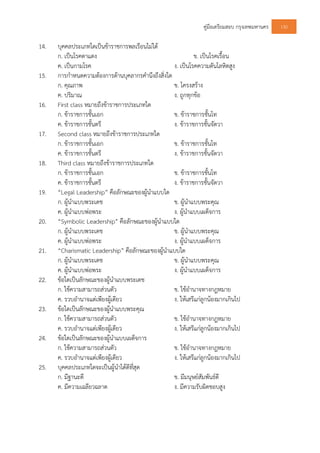 คูมือเตรียมสอบ กรุงเทพมหานคร 130
14. บุคคลประเภทใดเปนขาราชการพลเรือนไมได
ก. เปนโรคตาแดง ข. เปนโรคเรื้อน
ค. เปนกามโรค ง. เปนโรคความดันโลหิตสูง
15. การกําหนดความตองการดานบุคลากรคํานึงถึงสิ่งใด
ก. คุณภาพ ข. โครงสราง
ค. ปริมาณ ง. ถูกทุกขอ
16. First class หมายถึงขาราชการประเภทใด
ก. ขาราชการชั้นเอก ข. ขาราชการชั้นโท
ค. ขาราชการชั้นตรี ง. ขาราชการชั้นจัตวา
17. Second class หมายถึงขาราชการประเภทใด
ก. ขาราชการชั้นเอก ข. ขาราชการชั้นโท
ค. ขาราชการชั้นตรี ง. ขาราชการชั้นจัตวา
18. Third class หมายถึงขาราชการประเภทใด
ก. ขาราชการชั้นเอก ข. ขาราชการชั้นโท
ค. ขาราชการชั้นตรี ง. ขาราชการชั้นจัตวา
19. “Legal Leadership” คือลักษณะของผูนําแบบใด
ก. ผูนําแบบพระเดช ข. ผูนําแบบพระคุณ
ค. ผูนําแบบพอพระ ง. ผูนําแบบเผด็จการ
20. “Symbolic Leadership” คือลักษณะของผูนําแบบใด
ก. ผูนําแบบพระเดช ข. ผูนําแบบพระคุณ
ค. ผูนําแบบพอพระ ง. ผูนําแบบเผด็จการ
21. “Charismatic Leadership” คือลักษณะของผูนําแบบใด
ก. ผูนําแบบพระเดช ข. ผูนําแบบพระคุณ
ค. ผูนําแบบพอพระ ง. ผูนําแบบเผด็จการ
22. ขอใดเปนลักษณะของผูนําแบบพระเดช
ก. ใชความสามารถสวนตัว ข. ใชอํานาจทางกฎหมาย
ค. รวบอํานาจแตเพียงผูเดียว ง. ใหเสรีแกลูกนองมากเกินไป
23. ขอใดเปนลักษณะของผูนําแบบพระคุณ
ก. ใชความสามารถสวนตัว ข. ใชอํานาจทางกฎหมาย
ค. รวบอํานาจแตเพียงผูเดียว ง. ใหเสรีแกลูกนองมากเกินไป
24. ขอใดเปนลักษณะของผูนําแบบเผด็จการ
ก. ใชความสามารถสวนตัว ข. ใชอํานาจทางกฎหมาย
ค. รวบอํานาจแตเพียงผูเดียว ง. ใหเสรีแกลูกนองมากเกินไป
25. บุคคลประเภทใดจะเปนผูนําไดดีที่สุด
ก. มีฐานะดี ข. มีมนุษยสัมพันธดี
ค. มีความเฉลียวฉลาด ง. มีความรับผิดชอบสูง
 