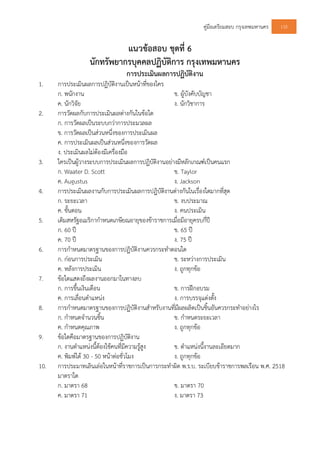 คูมือเตรียมสอบ กรุงเทพมหานคร 135
แนวขอสอบ ชุดที่ 6
นักทรัพยากรบุคคลปฏิบัติการ กรุงเทพมหานคร
การประเมินผลการปฏิบัติงาน
1. การประเมินผลการปฏิบัติงานเปนหนาที่ของใคร
ก. พนักงาน ข. ผูบังคับบัญชา
ค. นักวิจัย ง. นักวิชาการ
2. การวัดผลกับการประเมินผลตางกันในขอใด
ก. การวัดผลเปนระบบกวาการประมวลผล
ข. การวัดผลเปนสวนหนึ่งของการประเมินผล
ค. การประเมินผลเปนสวนหนึ่งของการวัดผล
ง. ประเมินผลไมตองมีเครื่องมือ
3. ใครเปนผูวางระบบการประเมินผลการปฏิบัติงานอยางมีหลักเกณฑเปนคนแรก
ก. Waater D. Scott ข. Taylor
ค. Augustus ง. Jackson
4. การประเมินผลงานกับการประเมินผลการปฏิบัติงานตางกันในเรื่องใดมากที่สุด
ก. ระยะเวลา ข. งบประมาณ
ค. ขั้นตอน ง. คนประเมิน
5. เดิมสหรัฐอเมริกากําหนดเกษียณอายุของขาราชการเมื่อมีอายุครบกี่ป
ก. 60 ป ข. 65 ป
ค. 70 ป ง. 75 ป
6. การกําหนดมาตรฐานของการปฏิบัติงานควรกระทําตอนใด
ก. กอนการประเมิน ข. ระหวางการประเมิน
ค. หลังการประเมิน ง. ถูกทุกขอ
7. ขอใดแสดงถึงผลงานออกมาในทางลบ
ก. การขึ้นเงินเดือน ข. การฝกอบรม
ค. การเลื่อนตําแหนง ง. การบรรจุแตงตั้ง
8. การกําหนดมาตรฐานของการปฏิบัติงานสําหรับงานที่มีผลผลิตเปนชิ้นอันควรกระทําอยางไร
ก. กําหนดจํานวนชิ้น ข. กําหนดระยะเวลา
ค. กําหนดคุณภาพ ง. ถูกทุกขอ
9. ขอใดคือมาตรฐานของการปฏิบัติงาน
ก. งานตําแหนงนี้ตองใชคนที่มีความรูสูง ข. ตําแหนงนี้งานละเอียดมาก
ค. พิมพได 30 - 50 หนาตอชั่วโมง ง. ถูกทุกขอ
10. การประมาทเลินเลอในหนาที่ราชการเปนการกระทําผิด พ.ร.บ. ระเบียบขาราชการพลเรือน พ.ศ. 2518
มาตราใด
ก. มาตรา 68 ข. มาตรา 70
ค. มาตรา 71 ง. มาตรา 73
 
