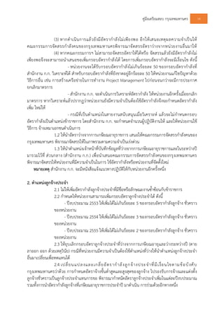คูมือเตรียมสอบ กรุงเทพมหานคร 14
(3) หากดําเนินการแลวยังมีอัตรากําลังไมเพียงพอ อีกใหเสนอเหตุผลความจําเปนให
คณะกรรมการจัดสรรกําลังคนของกรุงเทพมหานครพิจารณาจัดสรรอัตราวางจากหนวยงานอื่นมาให
(4) หากคณะกรรมการฯ ไมสามารถจัดสรรอัตราใหไดหรือ จัดสรรแลวยังมีอัตรากําลังไม
เพียงพอจึงจะสามารถนําเสนอขอเพิ่มกรอบอัตรากําลังได โดยการเพิ่มกรอบอัตรากําลังจะมีเงื่อนไข ดังนี้
- หนวยงานจะไดรับกรอบอัตรากําลังไมเกินรอยละ 50 ของกรอบอัตรากําลังที่
สํานักงาน ก.ก. วิเคราะหได สําหรับกรอบอัตรากําลังที่ยังขาดอยูอีกรอยละ 50 ใหหนวยงานแกไขปญหาดวย
วิธีการอื่น เชน การสรางเครือขายในการทํางาน Project Management ไปกอนจนกวาจะมีการประกาศ
ยกเลิกมาตรการ
- สํานักงาน ก.ก. จะดําเนินการวิเคราะหอัตรากําลัง ใหหนวยงานอีกครั้งเมื่อยกเลิก
มาตรการ หากวิเคราะหแลวปรากฏวาหนวยงานยังมีความจําเปนตองใชอัตรากําลังจึงจะกําหนดอัตรากําลัง
เพิ่ม ใหมให
- กรณีที่เปนตําแหนงในสายงานสนับสนุนเมื่อวิเคราะห แลวจะไมกําหนดกรอบ
อัตรากําลังเปนตําแหนงขาราชการ โดยสํานักงาน ก.ก. จะกําหนดจํานวนผูปฏิบัติงานให และใหหนวยงานใช
วิธีการ จางเหมาเอกชนดําเนินการ
1.2 ใหนําอัตราวางจากการเกษียณอายุราชการ เสนอใหคณะกรรมการจัดสรรกําลังคนของ
กรุงเทพมหานคร พิจารณาจัดสรรใหในภาพรวมตามความจําเปนเรงดวน
1.3 ใหนําตําแหนงเจาหนาที่บันทึกขอมูลที่วางจากการเกษียณอายุราชการและในระหวางป
มารวมไวที่ สวนกลาง (สํานักงาน ก.ก.) เพื่อนําเสนอคณะกรรมการจัดสรรกําลังคนของกรุงเทพมหานคร
พิจารณาจัดสรรใหหนวยงานที่มีความจําเปนในการ ใชอัตรากําลังหรือหนวยงานที่จัดตั้งใหม
หมายเหตุ สํานักงาน ก.ก. จะมีหนังสือแจงแนวทางปฏิบัติใหกับหนวยงานอีกครั้งหนึ่ง
2. ตําแหนงลูกจางประจํา
2.1 ไมใหเพิ่มอัตรากําลังลูกจางประจําที่มีชื่อหรือลักษณะงานซ้ําซอนกับขาราชการ
2.2 กําหนดใหหนวยงานสามารถเพิ่มกรอบอัตราลูกจางประจําได ดังนี้
- ปงบประมาณ 2553 ใหเพิ่มไดไมเกินรอยละ 5 ของกรอบอัตรากําลังลูกจาง ชั่วคราว
ของหนวยงาน
- ปงบประมาณ 2554 ใหเพิ่มไดไมเกินรอยละ 3 ของกรอบอัตรากําลังลูกจาง ชั่วคราว
ของหนวยงาน
- ปงบประมาณ 2555 ใหเพิ่มไดไมเกินรอยละ 2 ของกรอบอัตรากําลังลูกจาง ชั่วคราว
ของหนวยงาน
2.3 ใหยุบเลิกกรอบอัตราลูกจางประจําที่วางจากการเกษียณอายุและวางระหวางป (ตาย
ลาออก ออก ดวยเหตุวินัย) กรณีที่หนวยงานมีความจําเปนตองใชตําแหนงที่วางใหนําตําแหนงลูกจางประจํา
อื่นมาเปลี่ยนเพื่อทดแทนได
2.4 เปลี่ยนแปลงและเกลี่ยอัตรากําลังลูกจางประจําที่มีเงื่อนไขตามขอบังคับ
กรุงเทพมหานครวาดวย การกําหนดอัตราจางขั้นต่ําสูดและสูงสุดของลูกจาง ไปรองรับการจางและแตงตั้ง
ลูกจางชั่วคราวเปนลูกจางประจําแทนการขอ พิจารณากําหนัดอัตราลูกจางประจําเพิ่มในแตละปงบประมาณ
รวมทั้งการนําอัตรากําลังลูกจางที่เกษียณอายุราชการประจําป มาดําเนิน การรวมดวยอีกทางหนึ่ง
 