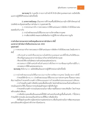 คูมือเตรียมสอบ กรุงเทพมหานคร 16
หมายเหตุ ขอ 3 และขอ 4 กองการเจาหนาที่ สํานักปลัดกรุงเทพมหานคร จะมีหนังสือ
แนวทางปฏิบัติใหกับหนวยงานอีกครั้งหนึ่ง
2. มาตรการสนับสนุน เปนมาตรการที่กําหนดขึ้นเพื่อใหหนวยงานมีการใชกําลังคนอยางมี
ประสิทธิภาพ มียุทธศาสตรในการดําเนินการ 3 ยุทธศาสตร คือ
1. การทบทวนภารกิจ การตรวจสอบการใชตําแหนงและการจัดอัตรากําลังใหเหมาะสม
สอดคลองกับภารกิจ
2. การนําหลักสมรรถนะไปใชในกระบวนการบริหารทรัพยากรบุคคล
3. การเพิ่มประสิทธิภาพและประสิทธิผลในการปฏิบัติราชการดวยมาตรการจูงใจ
การดําเนินการตามมาตรการสนับสนุนมีแนวทางการดําเนินการ ดังนี้
แนวทางการดําเนินการในปงบประมาณ พ.ศ. 2553
ยุทธศาสตร
1. การทบทวนภารกิจการตรวจสอบการใชตําแหนงและการจัดอัตรากําลังใหเหมาะสม โดยมีมาตรการ
ดังนี้
- ปรับปรุงอํานาจหนาที่ของหนวยงานในสังกัดกรุงเทพมหานครที่ซ้ําซอนกันใหชัดเจน
- ศึกษาปญหาและแนวทางการถายโอนภารกิจจากสํานักไปสํานักงานเขต
- ศึกษาหนาที่ความรับผิดชอบรายตําแหนงของแตละหนวยงาน
- ตรวจสอบการใชตําแหนงสําหรับตําแหนงวางที่เกิดจากการเกษียณอายุหรือกรณีอื่น ๆ
- ตรวจสอบการใชตําแหนงของหนวยงาน
หมายเหตุ สํานักงาน ก.ก. จะมีหนังสือแจงแนวทางปฏิบัติกับหนวยงานอีกครั้งหนึ่ง
2. การนําหลักสมรรถนะไปใชในกระบวนการบริหารทรัพยากรบุคคล โดยมีมาตรการดังนี้
- กําหนดใหสํานักงาน ก.ก. นําหลักสมรรถนะมาใชในกระบวนการสรรหาบุคคล ขึ้นตอนการสอบ
สัมภาษณโดยกําหนดหลักเกณฑการใหคะแนนและการกําหนดสัดสวนของคะแนนอยางชัดเจน
- การกําหนดลักเกณฑการคัดเลือกบุคคลเพื่อเลื่อนระดับ โดยนําหลักสมรรถนะเปนสวนหนึ่งของการ
ประเมินและนํามาใชใน ขั้นตอนการประเมินคุณลักษณะจากผูบังคับบัญชา
- กําหนดหลักเกณฑการประเมินสมรรถนะในการสัมภาษณขั้นตอนการสอบคัดเลือก โดยกําหนด
หลักเกณฑอยางชัดเจน
- การคัดเลือกบุคคลเพื่อเลื่อนและแตงตั้งใหดํารงตําแหนงในระดับสูงขึ้นตั้งแตระดับ 7 ขึ้นไปควร
กําหนดใหการประเมิน สมรรถนะเปนองคประกอบที่ใชในการคัดเลือกดวย
- จัดตั้งศูนยรวมองคความรูของหนวยงานแตละหนวยงาน เพื่อเปนแหลงรวมในการพัฒนาตนเองและ
แลกเปลี่ยนองคความรูระหวางขาราชการในหนวยงาน
 