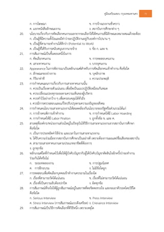 คูมือเตรียมสอบ กรุงเทพมหานคร 70
ก. การโฆษณา ข. การจางแรงงานชั่วคราว
ค. แจกหนังสือลักษณะงาน ง. สถาบันการศึกษาตาง ๆ
20. นโยบายเกี่ยวกับการคัดเลือกคนงานนอกจากจะเลือกใหไดคนงานที่มีลักษณะเหมาะสมแลวจะตอง
ก. เปนผูที่มีความตั้งใจและมีทาวาจะปฏิบัติงานอยูกับองคการไปนาน ๆ
ข. เปนผูที่สามารถทํางานไดดีกวา (Potential to Work)
ค. เปนผูที่ไดรับการสนับสนุนจากนายจาง ง. ขอ ก. และ ข.
21. การสัมภาษณเปนขั้นตอนหนึ่งในการ
ก. คัดเลือกคนงาน ข. การทดสอบคนงาน
ค. เสาะหาคนงาน ง. บรรจุคนงาน
22. Appearance ในการพิจารณาเปนหลักเกณฑสําหรับการคัดเลือกคนเขาทํางาน คือขอใด
ก. ลักษณะของรางกาย ข. บุคลิกภาพ
ค. กิริยาทาที ง. ความประพฤติ
23. การกําหนดแผนการเกี่ยวกับการเสาะหาคนงานนั้น
ก. ควรเปนเรื่องตายตัวแนนอน เพื่อยึดเปนแนวปฏิบัติเหมือนกันหมด
ข. ควรเปลี่ยนแปลงทุกระยะตามความเห็นของผูบริหาร
ค. ควรทําไวอยางกวาง ๆ เพื่อครอบคลุมไดทั่วถึง
ง. ควรมีการตรวจสอบและแกไขปรับปรุงตามความเจริญของสังคม
24. การกําหนดนโยบายเสาะหาแรงงานใหสอดคลองกันนโยบายของรัฐหรือสวนรวมไดแก
ก. การจางคนพิการเขาทํางาน ข. การกําหนดใหมี Labor Hoarding
ค. การกําหนดใหมี Labor Piration ง. ถูกทั้งขอ ข. และ ค.
25. สาเหตุที่องคกร/หนวยงานสวนใหญในปจจุบันใชวิธีการเสาะหาแรงงานจากสถาบันการศึกษา
คือขอใด
ก. เปนการประหยัดคาใชจาย และเวลาในการเสาะหาแรงงาน
ข. ไดรับความรวมมือจากสถาบันการศึกษาเปนอยางดี เพราะตองการเผยแพรชื่อเสียงของสถาบัน
ค. สามารถเสาะหาคนงานตามประเภทอาชีพที่ตองการ
ง. ถูกทุกขอ
26. หลักเกณฑใดที่กําหนดไวเพื่อใหผูบังคับบัญชากับผูใตบังคับบัญชาตัดสินใจอีกครั้งวาจะทํางาน
รวมกันไดหรือไม
ก. ระยะทดลองงาน ข. การปฐมนิเทศ
ค. การฝกอบรม ง. ไมมีขอใดถูก
27. การทดสอบเพื่อคัดเลือกบุคคลเขาทํางานควรถามในเรื่องใด
ก. เรื่องที่สามารถวัดไดแนนอน ข. เรื่องที่ไมสามารถวัดไดแนนอน
ค. เรื่องที่เปนความลับตองปกปด ง. ผิดทุกขอ
28. การสัมภาษณที่จงใจใหผูถูกสัมภาษณอยูในสภาพที่ตะขิดตะขวงใจ และจะเอาตัวรอดโดยวิธีใด
คือขอใด
ก. Serious Interview ข. Press Interview
ค. Stress Interview (การสัมภาษณแบบตึงเครียด) ง. Crievance Interview
29. การสัมภาษณเปนวิธีการคัดเลือกที่ดีวิธีหนึ่ง เพราะเหตุใด
 
