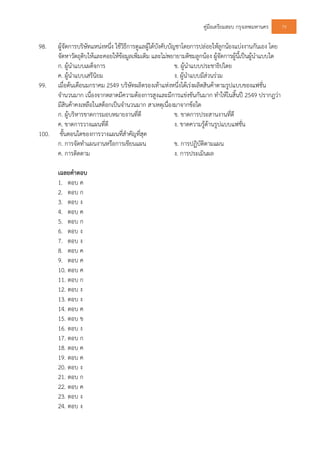 คูมือเตรียมสอบ กรุงเทพมหานคร 79
98. ผูจัดการบริษัทแหนงหนึ่ง ใชวิธีการดูแลผูใตบังคับบัญชาโดยการปลอยใหลูกนองแบงงานกันเอง โดย
จัดหาวัตถุดิบใหและคอยใหขอมูลเพิ่มเติม และไมพยายามติชมลูกนอง ผูจัดการผูนี้เปนผูนําแบบใด
ก. ผูนําแบบเผด็จการ ข. ผูนําแบบประชาธิปไตย
ค. ผูนําแบบเสรีนิยม ง. ผูนําแบบมีสวนรวม
99. เมื่อตนเดือนมกราคม 2549 บริษัทผลิตรองเทาแหงหนึ่งไดเรงผลิตสินคาตามรูปแบบของแฟชั่น
จํานวนมาก เนื่องจากตลาดมีความตองการสูงและมีการแขงขันกันมาก ทําใหในสิ้นป 2549 ปรากฎวา
มีสินคาคงเหลือในสต็อกเปนจํานวนมาก สาเหตุเนื่องมาจากขอใด
ก. ผูบริหารขาดการมอบหมายงานที่ดี ข. ขาดการประสานงานที่ดี
ค. ขาดการวางแผนที่ดี ง. ขาดความรูดานรูปแบบแฟชั่น
100. ขั้นตอนใดของการวางแผนที่สําคัญที่สุด
ก. การจัดทําแผนงานหรือการเขียนแผน ข. การปฏิบัติตามแผน
ค. การติดตาม ง. การประเมินผล
เฉลยคําตอบ
1. ตอบ ค
2. ตอบ ก
3. ตอบ ง
4. ตอบ ค
5. ตอบ ก
6. ตอบ ง
7. ตอบ ง
8. ตอบ ค
9. ตอบ ค
10. ตอบ ค
11. ตอบ ก
12. ตอบ ง
13. ตอบ ง
14. ตอบ ค
15. ตอบ ข
16. ตอบ ง
17. ตอบ ก
18. ตอบ ค
19. ตอบ ค
20. ตอบ ง
21. ตอบ ก
22. ตอบ ค
23. ตอบ ง
24. ตอบ ง
 
