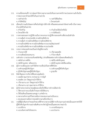 คูมือเตรียมสอบ กรุงเทพมหานคร 94
113. ความเชื่อของคนที่วา หากทุมเทกําลังความสามารถลงไปดวยความคาดหวังวาจะประสบความสําเร็จเปน
การพยายามหาคําตอบใหกับตัวเองวาอยางไร
ก. จะทําอยางไร ข. จะทําไดดีแคไหน
ค. ทําไดหรือไม ง. ใครจะชวยทํา
114. เมื่อคนทํางานแลวเกิดผลงานที่จะโยงไปสูการไดรางวัล หรือผลตอบแทนอยางใดอยางหนึ่ง เปนการตอบ
คําถามใหกับตัวอยางไร
ก. ทําไปทําไม ข. ทําแลวจะไดอะไรหรือไม
ค. ใครจะใหรางวัล ง. รางวัลคืออะไร
115. การตรวจสอบผลการปฏิบัติงานเปนการทบทวนการปฏิบัติงานขององคกรเพื่อประเมินดานใด
ก. ความคุมคา ความประหยัด ความมีประสิทธิภาพ
ข. ความคุมคา ความมีประสิทธิผล ความมีประสิทธิภาพ
ค. ความมีประสิทธิภาพ ความมีประสิทธิผล ความบรรลุวัตถุประสงค
ง. ความมีประสิทธิภาพ ความมีประสิทธิผล ความประหยัด
116. บรรยากาศขององคกรจะเปนอยางไรดูไดจากอะไร
ก. จํานวนรายได ข. ปริมาณผลผลิต
ค. ความพึงพอใจของคนงาน ง. กําไรจากสินคา
117. องคกรตาง ๆ จะประกอบดวยพลังสําคัญ 2 สวนที่สงผลตอการทํางานโดยตรงคือพลังอะไร
ก. พลังอํานาจ พลังใจ ข. พลังใจ พลังตัวบุคคล
ค. พลังดานบุคคล พลังแรงงาน ง. พลังดานบุคคล พลังสิ่งแวดลอม
118. ผูนําการเปลี่ยนแปลง จะทําใหเกิดการเปลี่ยนไปในทางที่ดีกับใคร
ก. องคกรและผูบังคับบัญชา ข. องคกรและผูใตบังคับบัญชา
ค. ผูบังคับบัญชาและผูใตบังคับบัญชา ง. ถูกทุกขอ
119. สิ่งสําคัญของการบริหารที่ตองควบคุมมีอะไร
ก. ผลผลิต คุณภาพงาน งบประมาณ การบัญชี
ข. ผลผลิต เวลา วัสดุอุปกรณ คาใชจาย
ค. ปริมาณงาน เวลา วัสดุอุปกรณ คาใชจาย
ง. ปริมาณงาน เวลา คุณภาพงาน คาใชจาย
120. ผูบริหารสามารถนําเอาทฤษฎีของมาสโลวไปใชในการทํางานไดอยางไร
ก. ใชความปรารถนาเปนตัวกําหนดรางวัลใหคนงาน
ข. ใหเงินเดือนเปนผลตอบแทนสูง ๆ แกพนักงาน
ค. พยายามทําความเขาใจความตองการของคนงานอยางเปนระบบ
ง. ตอบสนองความตองการของพนักงานตามที่เขาตองการ
121. กรณีที่ผูนําเห็นควรกําหนดเปาหมายที่ทาทาย พยายามใหมีการปรับปรุงงานอยางตอเนื่องและคาดหวังให
ผูใตบังคับบัญชาทํางานอยางเต็มศักยภาพ จัดวาผูนําคนนั้นแสดงบทบาทอยางไร
ก. แบบสั่งงาน ข. แบบสนับสนุนงาน
ค. แบบเนนความสําเร็จของงาน ง. แบบรวมงาน
 