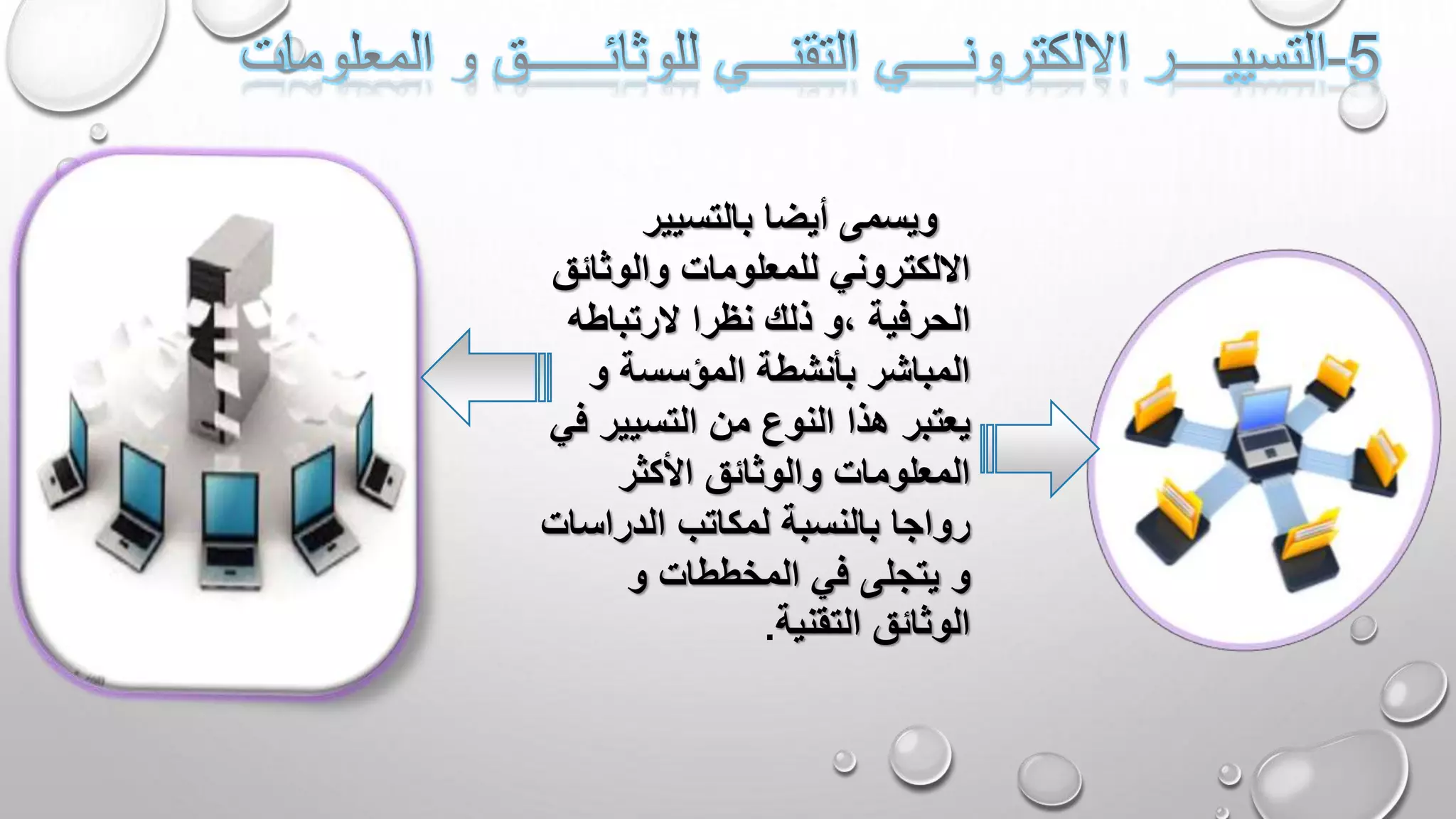 ‫بالتسيير‬ ‫أيضا‬ ‫ويسمى‬
‫والوثائ‬ ‫للمعلومات‬ ‫االلكتروني‬‫ق‬
‫الرتباطه‬ ‫نظرا‬ ‫ذلك‬ ‫،و‬ ‫الحرفية‬
‫المؤسسة‬ ‫بأنشطة‬ ‫المباشر‬‫و‬
‫التسيير‬ ‫من‬ ‫النوع‬ ‫هذا‬ ‫يعتبر‬‫في‬
‫األكثر‬ ‫والوثائق‬ ‫المعلومات‬
‫الدراس‬ ‫لمكاتب‬ ‫بالنسبة‬ ‫رواجا‬‫ات‬
‫و‬‫المخططات‬ ‫في‬ ‫يتجلى‬‫و‬
‫التقنية‬ ‫الوثائق‬.
 