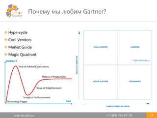 solarsecurity.ru +7 (499) 755-07-70
Почему мы любим Gartner?
16
 Hype-cycle
 Cool Vendors
 Market Guide
 Magic Quadrant
• Solar Security ;)
 