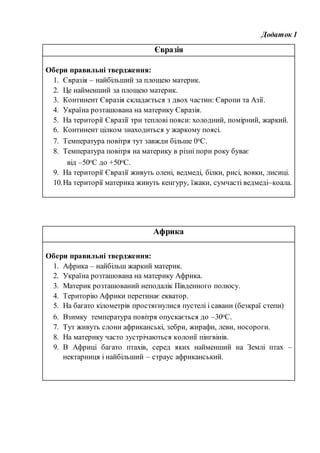 Додаток 1
Євразія
Обери правильні твердження:
1. Євразія – найбільший за площею материк.
2. Це найменший за площею материк.
3. Континент Євразія складається з двох частин: Європи та Азії.
4. Україна розташована на материку Євразія.
5. На території Євразії три теплові пояси: холодний, помірний, жаркий.
6. Континент цілком знаходиться у жаркому поясі.
7. Температура повітря тут завжди більше 0ᵒС.
8. Температура повітря на материку в різні пори року буває
від –50ᵒС до +50ᵒС.
9. На території Євразії живуть олені, ведмеді, білки, рисі, вовки, лисиці.
10.На території материка живуть кенгуру, їжаки, сумчасті ведмеді–коала.
Африка
Обери правильні твердження:
1. Африка – найбільш жаркий материк.
2. Україна розташована на материку Африка.
3. Материк розташований неподалік Південного полюсу.
4. Територію Африки перетинає екватор.
5. На багато кілометрів простягнулися пустелі і савани (безкраї степи)
6. Взимку температура повітря опускається до –30ᵒС.
7. Тут живуть слони африканські, зебри, жирафи, леви, носороги.
8. На материку часто зустрічаються колонії пінгвінів.
9. В Африці багато птахів, серед яких найменший на Землі птах –
нектарниця і найбільший – страус африканський.
 