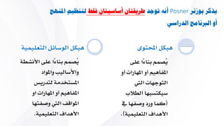 ‫بوزنر‬ ‫يذكر‬Posner‫توجد‬ ‫أنه‬‫فقط‬ ‫أساسيتان‬ ‫طريقتان‬‫امل‬ ‫لتنظيم‬‫نهج‬
‫الدراسي‬ ‫الربنامج‬ ‫أو‬:
‫على‬ ‫ًا‬‫ء‬‫بنا‬ ‫ُصمم‬‫ي‬
‫أ‬ ‫املهارات‬ ‫أو‬ ‫املفاهيم‬‫و‬
‫اليت‬ ‫التوجهات‬
‫الطالب‬ ‫سيكتسبها‬
(‫يف‬ ‫وصفها‬ ‫ورد‬ ‫كما‬
‫التعليمية‬ ‫األهداف‬.)
‫احملتوى‬ ‫هيكل‬
‫األ‬ ‫على‬ ‫ًا‬‫ء‬‫بنا‬ ‫ُصمم‬‫ي‬‫نشطة‬
‫واملواد‬ ‫واألساليب‬
‫لتدريس‬ ‫املستخدمة‬
‫ا‬ ‫املهارات‬ ‫أو‬ ‫املفاهيم‬‫و‬
‫وصفت‬ ‫اليت‬ ‫املواقف‬‫ها‬
‫التعليمية‬ ‫األهداف‬.
‫التعليمي‬ ‫الوسائل‬ ‫هيكل‬‫ة‬
 