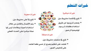 ‫التعلم‬ ‫خربات‬
‫جمردة‬ ‫خربات‬
•‫ديل‬ ‫خمروط‬ ‫أعلى‬ ‫يف‬ ‫تقع‬.
•‫خال‬ ‫من‬ ‫بالكامل‬ ‫االتصال‬ ‫يتم‬‫ل‬
‫هل‬ ‫ليس‬ ‫وعالمات‬ ‫أصوات‬ ‫استخدام‬‫ا‬
‫الفعل‬ ‫احلدث‬ ‫على‬ ‫مباشرة‬ ‫صلة‬‫ي‬
‫ممثلة‬ ‫خربات‬
•‫ديل‬ ‫خمروط‬ ‫منتصف‬ ‫يف‬ ‫تقع‬.
•‫ك‬ ‫حسي‬ ‫أو‬ ‫بصري‬ ‫تنظيم‬ ‫على‬ ‫تعتمد‬‫تعتمد‬ ‫ما‬
‫الصور‬ ‫تلخيص‬ ‫على‬.
‫خربات‬‫مباشرة‬
•‫د‬ ‫خمروط‬ ‫قاعدة‬ ‫يف‬ ‫تقع‬‫يل‬
•‫ط‬ ‫عن‬ ‫تدريسها‬ ‫يصعب‬‫ريق‬
‫رسو‬ ‫أو‬ ‫كلمات‬ ‫استخدام‬‫م‬
‫صور‬ ‫أو‬ ‫توضيحية‬.
 