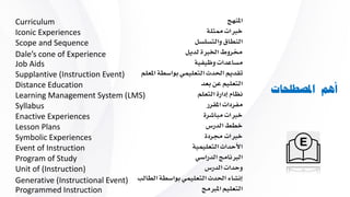 ‫املصطلحا‬ ‫أهم‬‫ت‬
‫املنهج‬
‫ممثلة‬ ‫خربات‬
‫والتسلسل‬ ‫النطاق‬
‫لديل‬ ‫اخلربة‬ ‫خمروط‬
‫وظيفية‬ ‫مساعدات‬
‫املعلم‬ ‫بواسطة‬ ‫التعليمي‬ ‫احلدث‬ ‫تقديم‬
‫بعد‬ ‫عن‬ ‫التعليم‬
‫التعلم‬ ‫إدارة‬ ‫نظام‬
‫املقرر‬ ‫مفردات‬
‫مباشرة‬ ‫خربات‬
‫الدرس‬ ‫خطط‬
‫جمردة‬ ‫خربات‬
‫التعليمية‬ ‫األحداث‬
‫الدراسي‬ ‫الربنامج‬
‫الدرس‬ ‫وحدات‬
‫الطالب‬ ‫بواسطة‬ ‫التعليمي‬ ‫احلدث‬ ‫إنشاء‬
‫املربمج‬ ‫التعليم‬
Curriculum
Iconic Experiences
Scope and Sequence
Dale’s cone of Experience
Job Aids
Supplantive (Instruction Event)
Distance Education
Learning Management System (LMS)
Syllabus
Enactive Experiences
Lesson Plans
Symbolic Experiences
Event of Instruction
Program of Study
Unit of (Instruction)
Generative (Instructional Event)
Programmed Instruction
 