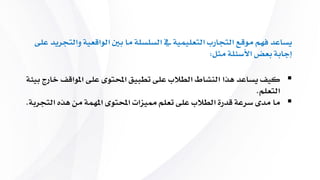 ‫الواق‬ ‫بني‬ ‫ما‬ ‫السلسلة‬ ‫يف‬ ‫التعليمية‬ ‫التجارب‬ ‫موقع‬ ‫يهم‬ ‫يساعد‬‫على‬ ‫والتجريد‬ ‫عية‬
‫مثل‬ ‫األسئلة‬ ‫بعض‬ ‫إجابة‬:
‫ا‬ ‫على‬ ‫احملتوى‬ ‫تطبيق‬ ‫على‬ ‫الطالب‬ ‫النشاط‬ ‫هاا‬ ‫يساعد‬ ‫كيف‬‫بيئة‬ ‫خارج‬ ‫ملواقف‬
‫التعلم‬.
‫م‬ ‫املهمة‬ ‫احملتوى‬ ‫مميزات‬ ‫تعلم‬ ‫على‬ ‫الطالب‬ ‫قدرة‬ ‫سرعة‬ ‫مدى‬ ‫ما‬‫التجربة‬ ‫هاه‬ ‫ن‬.
 