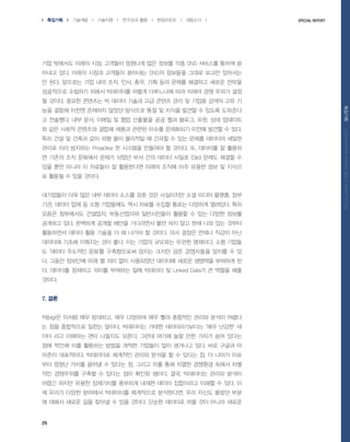 25
l ???? l ???? l ???? l ???? ?? l ????? l ???? l Special Report
?????????????????????????
?? ???? ??? ??, ???? ???? ?? ??? ?? SNS ???? ??? ?
??? ??. ??? ??? ???? ???? SNS? ???? ??? ??? ????
? ??. ???? ?? ?? ??, ??, ??, ?? ?? ??? ???? ??? ???
????? ???? ??? ????? ??? ????? ?? ??? ?? ??? ??
? ???. ??? ???? ? ??? ??? ?? ??? ?? ? ??? ??? ?? ?
?? ??? ??? ???? ??? ???? ?? ? ??? ??? ? ??? ????
? ????. ?? ??, ??? ? ?? ???? ?? ?? ???, ??, ?? ????
? ?? ??? ???? ??? ??? ??? ??? ????? ??? ??? ? ??.
?? ?? ? ??? ?? ?? ?? ???? ? ??? ? ?? ??? ???? ???
??? ?? ???? Proactive ? ???? ???? ? ???. ?, ???? ? ???
? ??? ?? ???? ??? ??? ?? ?? ??? ??? (Silo) ??? ??? ?
?? ?? ??? ? ???? ? ????? ??? ??? ?? ??? ?? ? ???
? ??? ? ?? ???.
????? ?? ?? ?? ??? ??? ?? ?? ????? ?? ??? ???, ??
??, ??? ?? ? ?? ????? ?? ??? ??? ??? ???? ????. ??
??? ????? ????, ?????? ?????? ??? ? ?? ??? ???
???? ??. ???? ??? ??? ????? ?? ?? ?? ?? ?? ?? ???
????? ??? ?? ??? ? ? ??? ? ???. ?? ??? ??? ??? ??
???? ??? ???? ?? ??. ?? ??? ???? ??? ????. ?? ???
? ??? ???? ??? ?????? ??? ??? ?? ????? ??? ? ?
?. ??? ???? ?? ? ?? ?? ????? ???? ??? ???? ???? ?
?. ???? ???? ??? ???? ?? ???? ? Linked Data? ? ??? ??
???.
7. ??
?(big)? ??? ?? ????, ?? ???? ?? ?? ???? ??? ??? ???
? ?? ????? ??? ???. ????? ??? ???????? ?? ??? ?
?? ?? ???? ?? ???? ???. ??? ??? ?? ?? ??? ?? ???
?? ??? ?? ???? ??? ??? ???? ?? ???? ??. ?? ??? ?
??? ?????. ????? ???? ??? ??? ? ? ??? ?, ? ??? ??
?? ??? ??? ??? ? ??? ?, ??? ?? ?? ??? ???? ??? ??
?? ????? ??? ? ??? ?? ??? ???. ??, ????? ??? ???
??? ??? ??? ????? ???? ??? ??? ????? ??? ? ??. ?
? ??? ??? ???? ????? ????? ?????, ?? ??? ??? ??
? ??? ??? ?? ??? ? ?? ???. ??? ???? ?? ?? ??? ???
 
