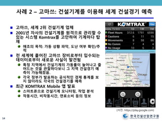 한국건설산업연구원
CONSTRUCTION & ECONOMY RESEARCH INSTITUTE OF KOREA
사례 2 – 고마쓰: 건설기계를 이용해 세계 건설경기 예측
고마쓰, 세계 2위 건설기계 업체
2001년 자사의 건설기계를 원격으로 관리할 수
있는 시스템 Komtrax를 고안하여 기계마다 탑
재
애초의 목적: 가동 상황 파악, 도난 여부 확인/추
적
전 세계에 흩어진 고마쓰 장비로부터 입수되는
데이터로부터 새로운 사실이 발견됨
특정 지역에서 건설기계의 가동률이 늘어나고 줄
어드는 것을 관찰하다보니 그 지역 건설경기 예
측이 가능해졌음.
각국 정부가 발표하는 공식적인 경제 통계를 보
지 않더라도 각국의 건설경기를 예측
최근 KOMTRAX Mobile 앱 발표
스마트폰으로 건설기계 모니터링, 작업 분석
작동시간, 비작동시간, 연료소비 등의 정보
14
(사진: https://play.google.com)
 