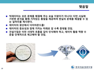 한국건설산업연구원
CONSTRUCTION & ECONOMY RESEARCH INSTITUTE OF KOREA
맺음말
빅데이터는 모든 문제를 해결해 주는 요술 지팡이가 아니다! 다만 사실에
기반한 분석을 통해 가치있는 통찰을 제공하여 현실의 문제를 해결할 수 있
는 실마리를 제시한다.
데이터의 광산에서 다이아몬드를!
데이터의 중요성과 잠재 가치는 미래로 갈 수록 증대될 것임.
건설기업은 이런 시대적 흐름을 깊이 인식해야 하고, 데이터 활용 역량 수
준을 단계적으로 제고해야 할 것임.
29
 