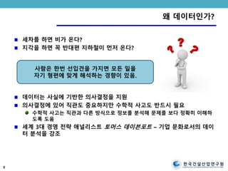 한국건설산업연구원
CONSTRUCTION & ECONOMY RESEARCH INSTITUTE OF KOREA
왜 데이터인가?
세차를 하면 비가 온다?
지각을 하면 꼭 반대편 지하철이 먼저 온다?
데이터는 사실에 기반한 의사결정을 지원
의사결정에 있어 직관도 중요하지만 수학적 사고도 반드시 필요
수학적 사고는 직관과 다른 방식으로 정보를 분석해 문제를 보다 정확히 이해하
도록 도움
세계 3대 경영 전략 애널리스트 토머스 데이븐포트 – 기업 문화로서의 데이
터 분석을 강조
8
사람은 한번 선입견을 가지면 모든 일을
자기 형편에 맞게 해석하는 경향이 있음.
 