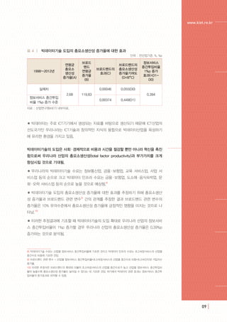 www.kiet.re.kr
09 |
●  빅데이터는 주로 ICT기기에서 생성되는 자료를 바탕으로 생산되기 때문에 ICT산업의
선도국가인 우리나라는 ICT기술과 창의적인 지식의 융합으로 빅데이터산업을 육성하기
에 유리한 환경을 가지고 있음.  
빅데이터기술의 도입은 사회·경제적으로 비용과 시간을 절감할 뿐만 아니라 혁신을 촉진
함으로써 우리나라 산업의 총요소생산성(total factor productivity)과 부가가치를 크게
향상시킬 것으로 기대됨.
●  우리나라의 빅데이터기술 수요는 정보통신업, 금융·보험업, 교육 서비스업, 사업 서
비스업 등의 순으로 크고 빅데이터 인프라 수요는 금융·보험업, 도소매·음식숙박업, 문
화·오락 서비스업 등의 순으로 높을 것으로 예상됨.8)
●  빅데이터기술 도입의 총요소생산성 증가율에 대한 효과를 추정하기 위해 총요소생산
성 증가율과 브로드밴드 관련 변수9)
간의 관계를 추정한 결과 브로드밴드 관련 변수의
증가율은 10% 유의수준에서 총요소생산성 증가율에 긍정적인 영향을 미치는 것으로 나
타남.10)
●  이러한 추정결과에 기초할 때 빅데이터기술의 도입 확대로 우리나라 산업의 정보서비
스 중간투입비율이 1%p 증가할 경우 우리나라 산업의 총요소생산성 증가율은 0.39%p
증가하는 것으로 분석됨.
8) 빅데이터기술 수요는 산업별 정보서비스 중간투입비율에 기초한 것이고 빅데이터 인프라 수요는 초고속망서비스의 산업별
중간수요 비중에 기초한 것임.
9) 브로드밴드 관련 변수 = 산업별 정보서비스 중간투입비율*초고속망서비스의 산업별 중간수요 비중*초고속인터넷 가입자수
증가율.
10) 이러한 추정식은 브로드밴드의 확대와 더불어 초고속망서비스의 산업별 중간수요가 높고 산업별 정보서비스 중간투입비
율이 높을수록 총요소생산성 증가율도 높아질 수 있다는 데 기초한 것임. 여기에서 빅데이터 관련 효과는 정보서비스 중간투
입비율의 증가효과로 파악할 수 있음.
표 4 | 빅데이터기술 도입의 총요소생산성 증가율에 대한 효과
단위 : 전산업기준, %, %p  
1998~2012년
연평균
총요소
생산성
증가율(A)
브로드
밴드
연평균
증가율
(B)
브로드밴드의
효과(C)
브로드밴드의
총요소생산성
증가율기여도
(D=B*C)
정보서비스
중간투입비율
1%p 증가
효과(=D1-
D0)
실제치
2.68 119.83
0.00046 0.055(D0)
0.394
정보서비스 중간투입
비율 1%p 증가 수준
0.00374 0.449(D1)
자료 : 산업연구원(KIET) 내부자료.
 