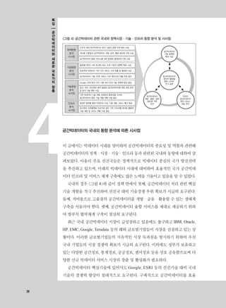 3838
4공간빅데이터의 국내외 동향 분석에 따른 시사점
이 글에서는 빅데이터 시대를 맞이하여 공간빅데이터의 중요성 및 역할과 관련해
공간빅데이터의정책·시장·기술·인프라등과관련된국내외동향에대하여살
펴보았다. 아울러 주요 선진국들은 정책적으로 빅데이터 중심의 국가 발전전략
을 추진하고 있으며, 미래의 빅데이터 시대에 대비하여 효율적인 국가 공간빅데
이터 인프라 및 서비스 체계 구축에도 많은 노력을 기울이고 있음을 알 수 있었다.
국내의 경우 그림 4와 같이 정책 면에서 첫째, 공간빅데이터 처리 관련 핵심
기술 개발을 적극 추진하여 선진국 대비 기술경쟁 우위 확보가 시급히 요구된다.
둘째, 저비용으로 고품질의 공간빅데이터를 개방·공유·활용할 수 있는 생태계
구축을 서둘러야 한다. 셋째, 공간빅데이터 융합 서비스를 제대로 제공하기 위하
여 범부처 협력체계 구축이 절실히 요구된다.
최근 국내 공간빅데이터 시장이 급성장하고 있음에도 불구하고 IBM, Oracle,
HP,EMC,Google, Teradata 등의 해외 글로벌기업들이 시장을 선점하고 있는 상
황이다. 이러한 글로벌기업들의 지속적인 시장 독과점을 방지하기 위하여 우선
국내 기업들의 시장 경쟁력 확보가 시급히 요구된다. 이외에도 정부가 보유하고
있는 다양한 공간정보, 통계정보, 공공정보, 센서정보 등을 상호 공유함으로써 다
양한 신규 빅데이터 서비스 시장의 창출 및 활성화가 필요하다.
공간빅데이터 핵심기술에 있어서도 Google, ESRI 등의 선진기술 대비 국내
기술의 경쟁력 향상이 절대적으로 요구된다. 구체적으로 공간빅데이터를 효율
그림 4 공간빅데이터 관련 국내외 정책시장·기술·인프라 동향 분석 및 시사점
정책동향
분석
시사점
선진국 대비 공간빅데이터 처리 기술의 경쟁 우위 확보 시급
저비용 고품질의 공간빅데이터 개방, 공유, 활용 생태계 구축 시급
공간빅데이터 융합 서비스를 위한 범정부 협력체계 구축 시급
인프라
분석
시사점
범정부 협력을 통한 빅데이터 수집, 기술 개발, 서비스 확산 필요
공간정보 오픈플랫폼 인프라와 같은 기존 인프라를 최대한 활용한
기술 개발 및 서비스 계획 수립 필요
시장동향
분석
시사점
글로벌기업의 시장 독과점 대비, 국내 기업의 경쟁력 확보 시급
공공부문 빅데이터 기반 신규 서비스 시장 창출 및 활성화 시급
공간빅데이터 기술, 인력, 서비스 기반 해외시장 진출 전략 필요
기술동향
분석
시사점
Google, ESRI 등의 선진 기술 대비 국내 기술 경쟁력 향상 필요
공간, 위치, 센서정보 등이 융합된 공간빅데이터에 대한 저장 관리
및 분석 기술 확보 시급
기존 빅데이터 기술 개발 과제와의 중복성을 고려한
공간빅데이터 원천 기술 개발 계획 수립 필요
공간빅데이터
기술 경쟁력
확보 시급
공간빅데이터
개방·융합·참여
생태계 구축
추진
대국민
공간빅데이터
편의 서비스
제공 추진
공간빅데이터의
창의적 활용을
통한 스마트
국가 실현
특
집
공
간
빅
데
이
터
와
새
로
운
국
토
가
치
창
출
 