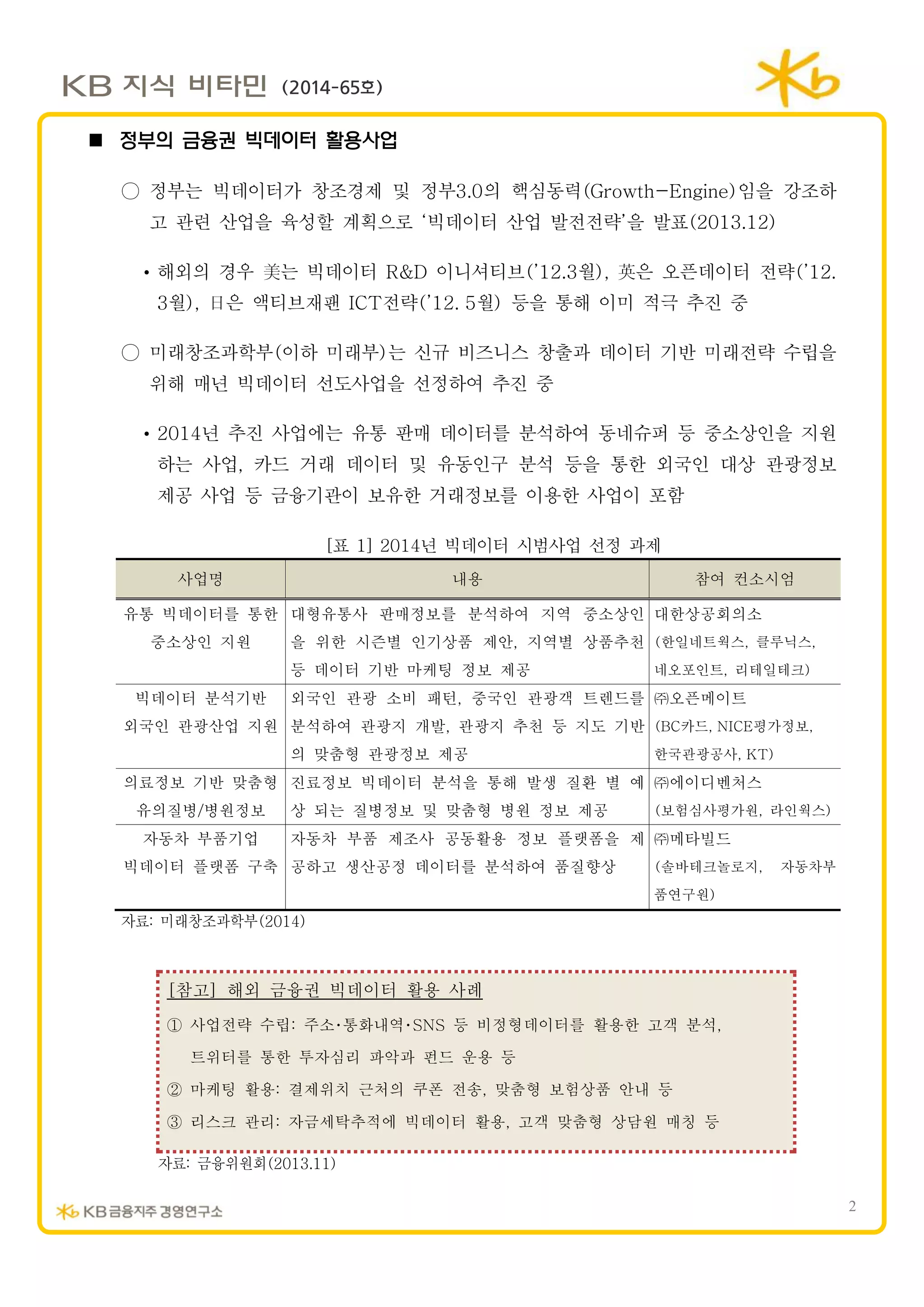 2
(2014-65호)
 정부의 금융권 빅데이터 활용사업
○ 정부는 빅데이터가 창조경제 및 정부3.0의 핵심동력(Growth-Engine)임을 강조하
고 관련 산업을 육성할 계획으로 ‘빅데이터 산업 발전전략’을 발표(2013.12)
• 해외의 경우 美는 빅데이터 R&D 이니셔티브(’12.3월), 英은 오픈데이터 전략(’12.
3월), 日은 액티브재팬 ICT전략(’12. 5월) 등을 통해 이미 적극 추진 중
○ 미래창조과학부(이하 미래부)는 신규 비즈니스 창출과 데이터 기반 미래전략 수립을
위해 매년 빅데이터 선도사업을 선정하여 추진 중
• 2014년 추진 사업에는 유통 판매 데이터를 분석하여 동네슈퍼 등 중소상인을 지원
하는 사업, 카드 거래 데이터 및 유동인구 분석 등을 통한 외국인 대상 관광정보
제공 사업 등 금융기관이 보유한 거래정보를 이용한 사업이 포함
[표 1] 2014년 빅데이터 시범사업 선정 과제
사업명 내용 참여 컨소시엄
유통 빅데이터를 통한
중소상인 지원
대형유통사 판매정보를 분석하여 지역 중소상인
을 위한 시즌별 인기상품 제안, 지역별 상품추천
등 데이터 기반 마케팅 정보 제공
대한상공회의소
(한일네트웍스, 클루닉스,
네오포인트, 리테일테크)
빅데이터 분석기반
외국인 관광산업 지원
외국인 관광 소비 패턴, 중국인 관광객 트렌드를
분석하여 관광지 개발, 관광지 추천 등 지도 기반
의 맞춤형 관광정보 제공
㈜오픈메이트
(BC카드, NICE평가정보,
한국관광공사, KT)
의료정보 기반 맞춤형
유의질병/병원정보
진료정보 빅데이터 분석을 통해 발생 질환 별 예
상 되는 질병정보 및 맞춤형 병원 정보 제공
㈜에이디벤처스
(보험심사평가원, 라인웍스)
자동차 부품기업
빅데이터 플랫폼 구축
자동차 부품 제조사 공동활용 정보 플랫폼을 제
공하고 생산공정 데이터를 분석하여 품질향상
㈜메타빌드
(솔바테크놀로지, 자동차부
품연구원)
자료: 미래창조과학부(2014)
[참고] 해외 금융권 빅데이터 활용 사례
① 사업전략 수립: 주소･통화내역･SNS 등 비정형데이터를 활용한 고객 분석,
트위터를 통한 투자심리 파악과 펀드 운용 등
② 마케팅 활용: 결제위치 근처의 쿠폰 전송, 맞춤형 보험상품 안내 등
③ 리스크 관리: 자금세탁추적에 빅데이터 활용, 고객 맞춤형 상담원 매칭 등
자료: 금융위원회(2013.11)
 