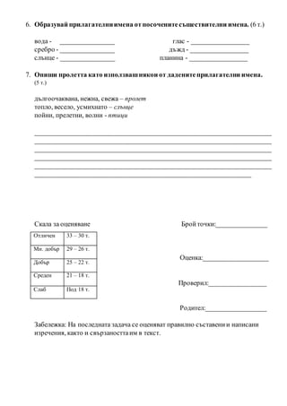 6. Образувай прилагателниимена отпосоченитесъществителни имена. (6 т.)
вода - ________________ глас - _________________
сребро - ________________ дъжд - _________________
слънце - ________________ планина - _________________
7. Опиши пролетта като използвашнякои от даденитеприлагателни имена.
(5 т.)
дългоочаквана, нежна, свежа – пролет
топло, весело, усмихнато – слънце
пойни, прелетни, волни - птици
______________________________________________________________________
______________________________________________________________________
______________________________________________________________________
______________________________________________________________________
______________________________________________________________________
________________________________________________________________
Скала за оценяване Бройточки:_______________
Оценка:___________________
Проверил:_________________
Родител:__________________
Забележка: На последната задача се оценяват правилно съставении написани
изречения, както и свързаносттаим в текст.
Отличен 33 – 30 т.
Мн. добър 29 – 26 т.
Добър 25 – 22 т.
Среден 21 – 18 т.
Слаб Под 18 т.
 