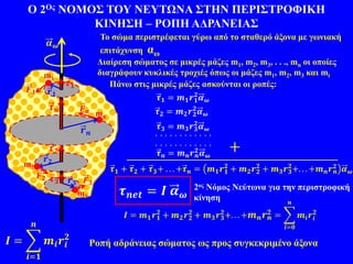 Το σώμα περιστρέφεται γύρω από το σταθερό άξονα με γωνιακή
επιτάχυνση αω
𝜶 𝝎
Ο 2Ος ΝΟΜΟΣ ΤΟΥ ΝΕΥΤΩΝΑ ΣΤΗΝ ΠΕΡΙΣΤΡΟΦΙΚΗ
ΚΙΝΗΣΗ – ΡΟΠΗ ΑΔΡΑΝΕΙΑΣ
Ροπή αδράνειας σώματος ως προς συγκεκριμένο άξονα
2ος Νόμος Νεύτωνα για την περιστροφική
κίνηση
𝑰 =
𝒊=𝟏
𝒏
𝒎𝒊 𝒓𝒊
𝟐
𝝉 𝟏 + 𝝉 𝟐 + 𝝉 𝟑+ . . . +𝝉 𝒏 = 𝒎 𝟏 𝒓 𝟏
𝟐
+ 𝒎 𝟐 𝒓 𝟐
𝟐
+ 𝒎 𝟑 𝒓 𝟑
𝟐
+. . . +𝒎 𝒏 𝒓 𝒏
𝟐 𝜶 𝝎
𝝉 𝒏𝒆𝒕 = 𝑰 𝜶 𝝎
Πάνω στις μικρές μάζες ασκούνται οι ροπές:
Διαίρεση σώματος σε μικρές μάζες m1, m2, m3, . . ., mn οι οποίες
διαγράφουν κυκλικές τροχιές όπως οι μάζες m1, m2, m3 και mi
. . . . . . . . . . . .
. . . . . . . . . . . .
𝝉 𝒏 = 𝒎 𝒏 𝒓 𝒏
𝟐 𝜶 𝝎
𝝉 𝟐 = 𝒎 𝟐 𝒓 𝟐
𝟐
𝜶 𝝎
𝝉 𝟑 = 𝒎 𝟑 𝒓 𝟑
𝟐
𝜶 𝝎
𝝉 𝟏 = 𝒎 𝟏 𝒓 𝟏
𝟐
𝜶 𝝎
mn
𝑭 𝒏
𝑭 𝟐
m2
𝒓 𝟐
m3
𝑭 𝟑𝒓 𝟑
𝑭 𝟏
m1
𝒓 𝟏
 