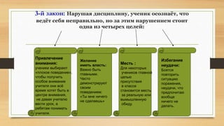 3-й закон: Нарушая дисциплину, ученик осознаёт, что
ведёт себя неправильно, но за этим нарушением стоит
одна из четырех целей:
Привлечение
внимания:
ученики выбирают
«плохое поведение»,
чтобы получить
особое внимание
учителя они всё
время хотят быть в
центре внимания,
не давая учителю
вести урок, а
ребятам понимать
учителя.
Месть :
Для некоторых
учеников главной
целью
присутствия
в классе
становится месть
за реальную или
вымышленную
обиду.
Желание
иметь власть:
Важно быть
главными.
Часто
демонстрируют
своим
поведением:
«Ты мне ничего
не сделаешь»
Избегание
неудачи:
Боятся
повторить
ситуацию
поражения,
неудачи, что
предпочитаю
вообще
ничего не
делать.
 