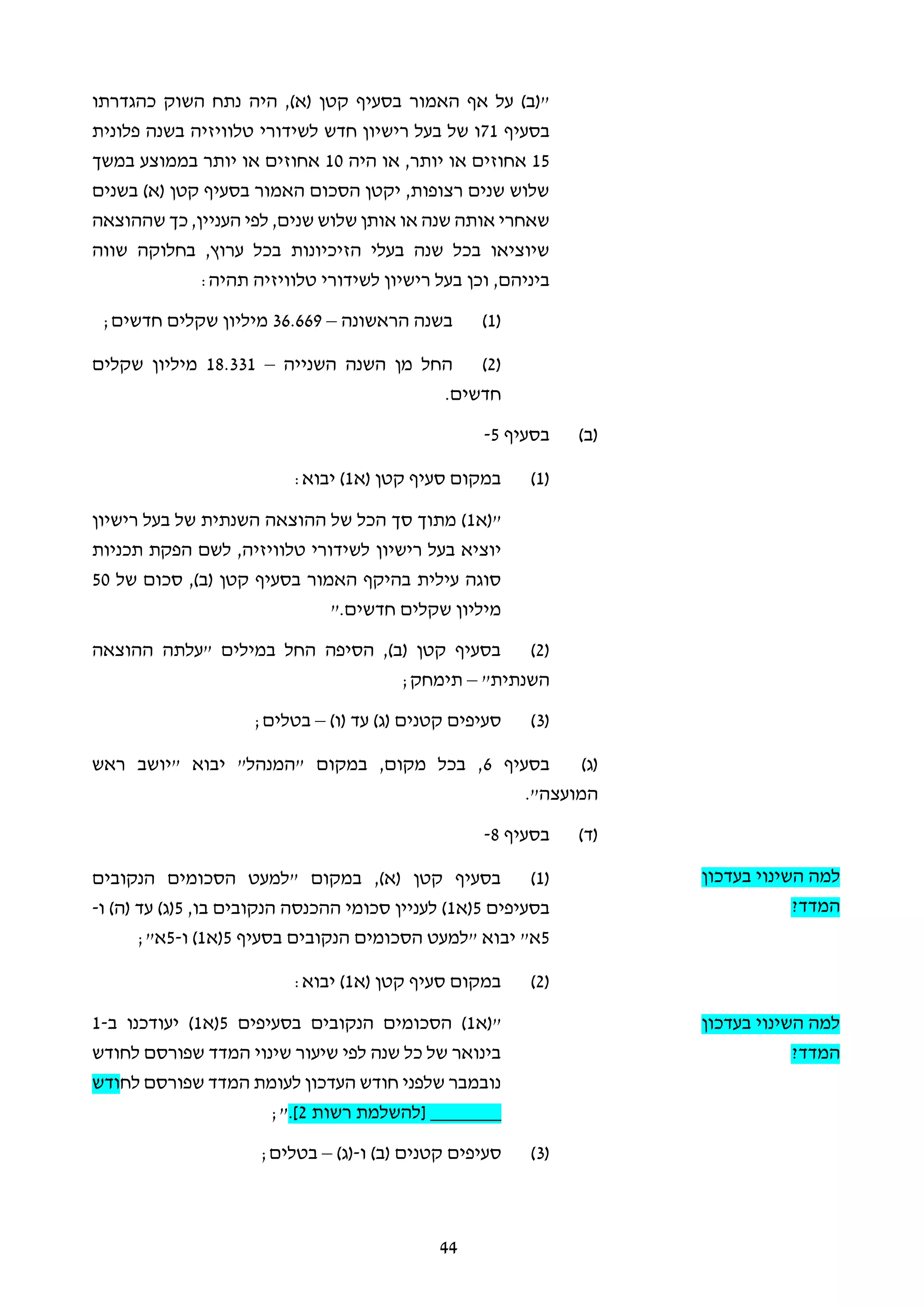 44
,)‫(א‬ ‫קטן‬ ‫בסעיף‬ ‫האמור‬ ‫אף‬ ‫על‬ )‫"(ב‬‫היה‬‫כהגדרתו‬ ‫השוק‬ ‫נתח‬
‫בסעיף‬71‫רישיון‬ ‫בעל‬ ‫של‬ ‫ו‬‫חדש‬‫לשידורי‬‫פלונית‬ ‫בשנה‬ ‫טלוויזיה‬
15‫היה‬ ‫או‬ ,‫יותר‬ ‫או‬ ‫אחוזים‬10‫במשך‬ ‫בממוצע‬ ‫יותר‬ ‫או‬ ‫אחוזים‬
‫בשנים‬ )‫(א‬ ‫קטן‬ ‫בסעיף‬ ‫האמור‬ ‫הסכום‬ ‫יקטן‬ ,‫רצופות‬ ‫שנים‬ ‫שלוש‬
‫ש‬ ‫כך‬ ,‫העניין‬ ‫לפי‬ ,‫שנים‬ ‫שלוש‬ ‫אותן‬ ‫או‬ ‫שנה‬ ‫אותה‬ ‫שאחרי‬‫ההוצאה‬
‫שווה‬ ‫בחלוקה‬ ,‫ערוץ‬ ‫בכל‬ ‫הזיכיונות‬ ‫בעלי‬ ‫שנה‬ ‫בכל‬ ‫שיוציאו‬
‫וכן‬ ,‫ביניהם‬:‫תהיה‬ ‫טלוויזיה‬ ‫לשידורי‬ ‫רישיון‬ ‫בעל‬
(1)‫הראשונה‬ ‫בשנה‬–36.669;‫חדשים‬ ‫שקלים‬ ‫מיליון‬
(2)‫השנייה‬ ‫השנה‬ ‫מן‬ ‫החל‬–18.331‫שקלים‬ ‫מיליון‬
.‫חדשים‬
(‫ב‬)‫בסעיף‬5-
(1)‫(א‬ ‫קטן‬ ‫סעיף‬ ‫במקום‬1:‫יבוא‬ )
‫"(א‬1‫רישיון‬ ‫בעל‬ ‫של‬ ‫השנתית‬ ‫ההוצאה‬ ‫של‬ ‫הכל‬ ‫סך‬ ‫מתוך‬ )
‫רישיון‬ ‫בעל‬ ‫יוציא‬‫תכניות‬ ‫הפקת‬ ‫לשם‬ ,‫טלוויזיה‬ ‫לשידורי‬
‫של‬ ‫סכום‬ ,)‫(ב‬ ‫קטן‬ ‫בסעיף‬ ‫האמור‬ ‫בהיקף‬ ‫עילית‬ ‫סוגה‬50
".‫חדשים‬ ‫שקלים‬ ‫מיליון‬
(2)‫ההוצאה‬ ‫"עלתה‬ ‫במילים‬ ‫החל‬ ‫הסיפה‬ ,)‫(ב‬ ‫קטן‬ ‫בסעיף‬
"‫השנתית‬–;‫תימחק‬
(3))‫(ו‬ ‫עד‬ )‫(ג‬ ‫קטנים‬ ‫סעיפים‬–;‫בטלים‬
(‫ג‬)‫בסעיף‬6‫"יושב‬ ‫יבוא‬ "‫"המנהל‬ ‫במקום‬ ,‫מקום‬ ‫בכל‬ ,‫ראש‬
."‫המועצה‬
(‫ד‬)‫בסעיף‬8-
‫למה‬‫השינוי‬‫בעדכון‬
‫המדד‬?
(1)‫הנקובים‬ ‫הסכומים‬ ‫"למעט‬ ‫במקום‬ ,)‫(א‬ ‫קטן‬ ‫בסעיף‬
‫בסעיפים‬5‫(א‬1,‫בו‬ ‫הנקובים‬ ‫ההכנסה‬ ‫סכומי‬ ‫לעניין‬ )5‫ו‬ )‫(ה‬ ‫עד‬ )‫(ג‬-
5‫יב‬ "‫א‬‫בסעי‬ ‫הנקובים‬ ‫הסכומים‬ ‫"למעט‬ ‫וא‬‫ף‬5‫(א‬1‫ו‬ )-5;"‫א‬
(2)‫(א‬ ‫קטן‬ ‫סעיף‬ ‫במקום‬1:‫יבוא‬ )
‫בעדכון‬ ‫השינוי‬ ‫למה‬
?‫המדד‬
‫"(א‬1‫בסעיפים‬ ‫הנקובים‬ ‫הסכומים‬ )5‫(א‬1‫ב‬ ‫יעודכנו‬ )-1
‫לחודש‬ ‫שפורסם‬ ‫המדד‬ ‫שינוי‬ ‫שיעור‬ ‫לפי‬ ‫שנה‬ ‫כל‬ ‫של‬ ‫בינואר‬
‫לח‬ ‫שפורסם‬ ‫המדד‬ ‫לעומת‬ ‫העדכון‬ ‫חודש‬ ‫שלפני‬ ‫נובמבר‬‫ודש‬
‫רשות‬ ‫[להשלמת‬ _______2].;"
(3)‫ו‬ )‫(ב‬ ‫קטנים‬ ‫סעיפים‬-)‫(ג‬–;‫בטלים‬
 