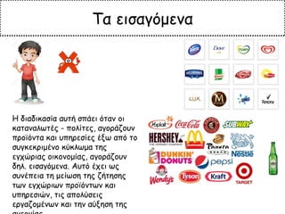 Τα εισαγόμενα
Η διαδικασία αυτή σπάει όταν οι
καταναλωτές - πολίτες, αγοράζουν
προϊόντα και υπηρεσίες έξω από το
συγκεκριμένο κύκλωμα της
εγχώριας οικονομίας, αγοράζουν
δηλ. εισαγόμενα. Αυτό έχει ως
συνέπεια τη μείωση της ζήτησης
των εγχώριων προϊόντων και
υπηρεσιών, τις απολύσεις
εργαζομένων και την αύξηση της
 