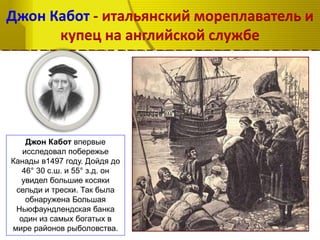 Джон Кабот - итальянский мореплаватель и
купец на английской службе
Джон Кабот впервые
исследовал побережье
Канады в1497 году. Дойдя до
46° 30 с.ш. и 55° з.д. он
увидел большие косяки
сельди и трески. Так была
обнаружена Большая
Ньюфаундлендская банка
один из самых богатых в
мире районов рыболовства.
 