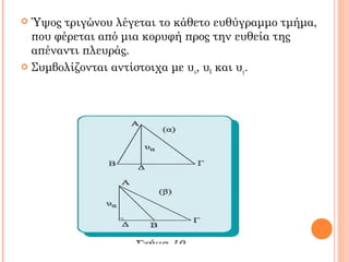  Ύψος τριγώνου λέγεται το κάθετο ευθύγραμμο τμήμα,
που φέρεται από μια κορυφή προς την ευθεία της
απέναντι πλευράς.
 Συμβολίζονται αντίστοιχα με υα, υβ και υγ.
 